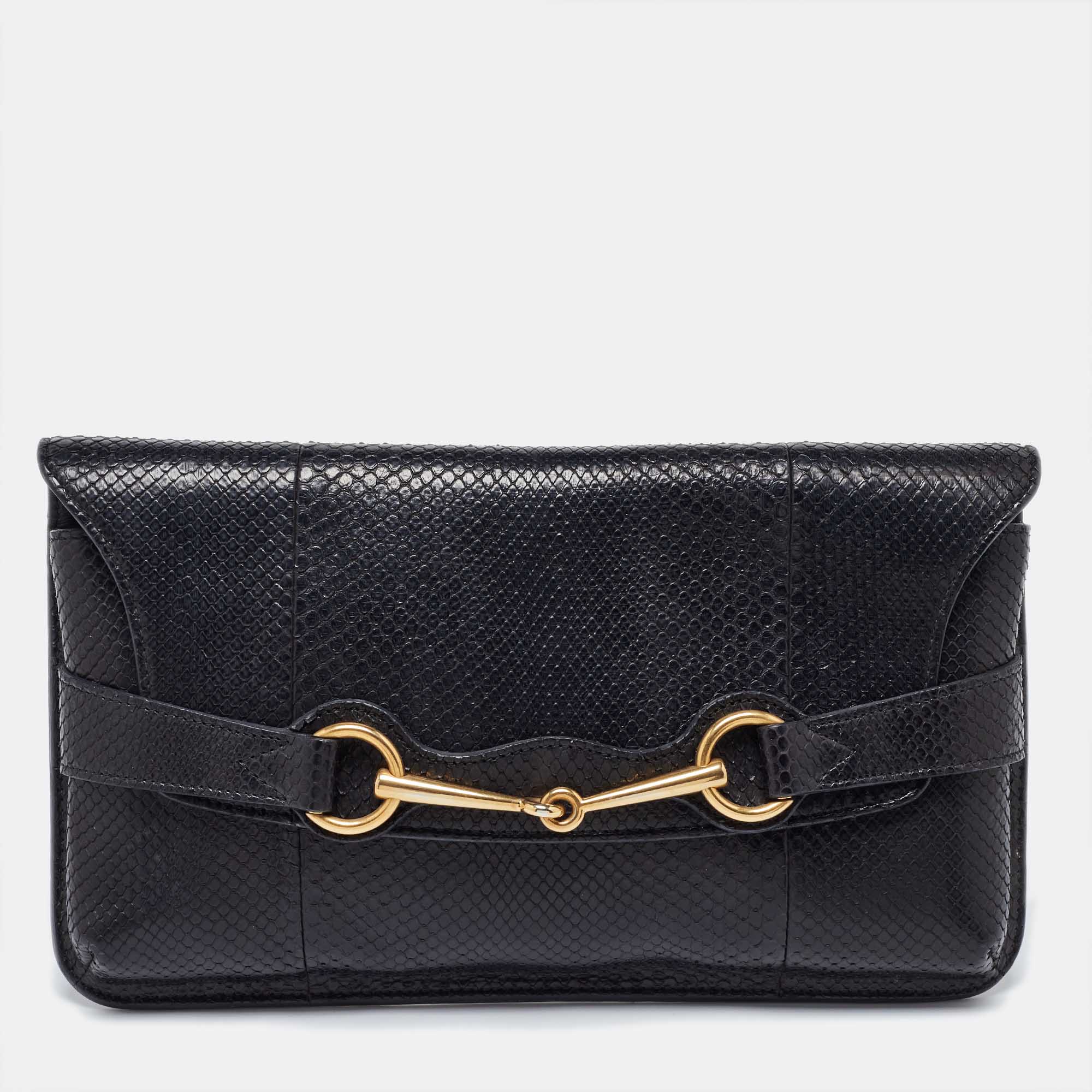 Pre Owned Gucci Black Snakeskin Bright Bit Clutch