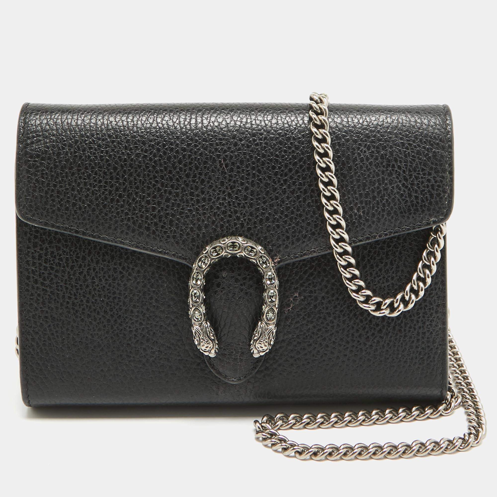 Pre Owned Gucci Black Leather Mini Dionysus Wallet On Chain