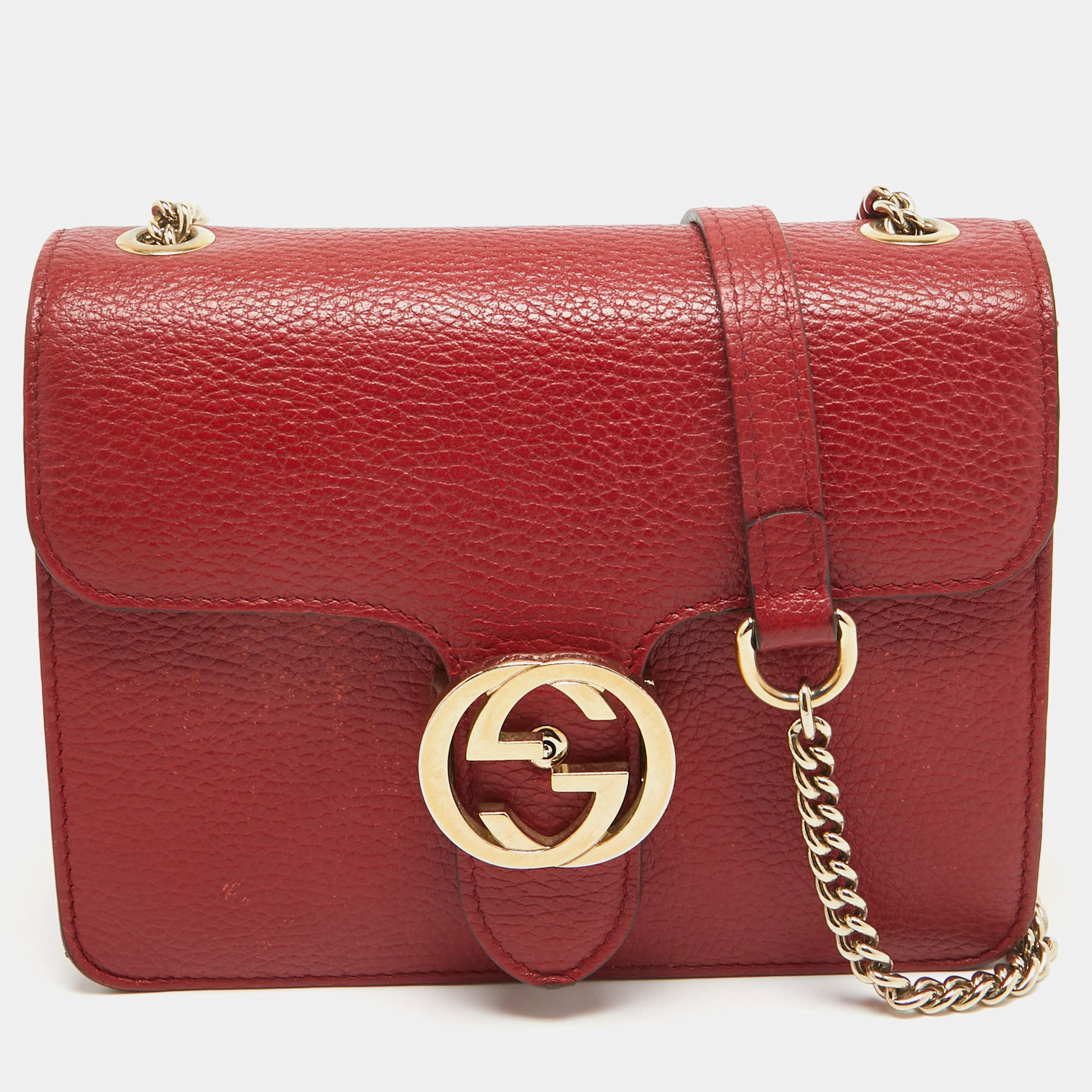 Pre Owned Gucci Red Leather Small Dollar Interlocking G Crossbody Bag