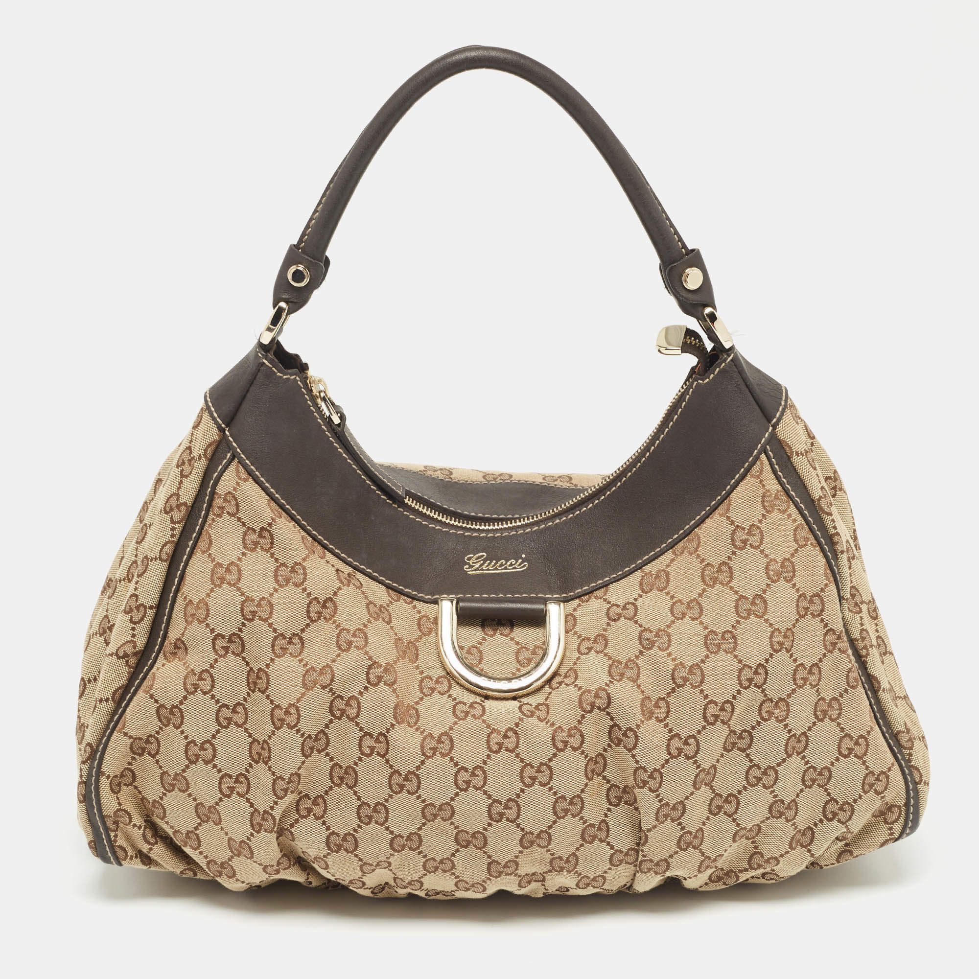 Pre Owned Gucci Brown/Beige GG Canvas and Leather Abbey D-Ring Hobo