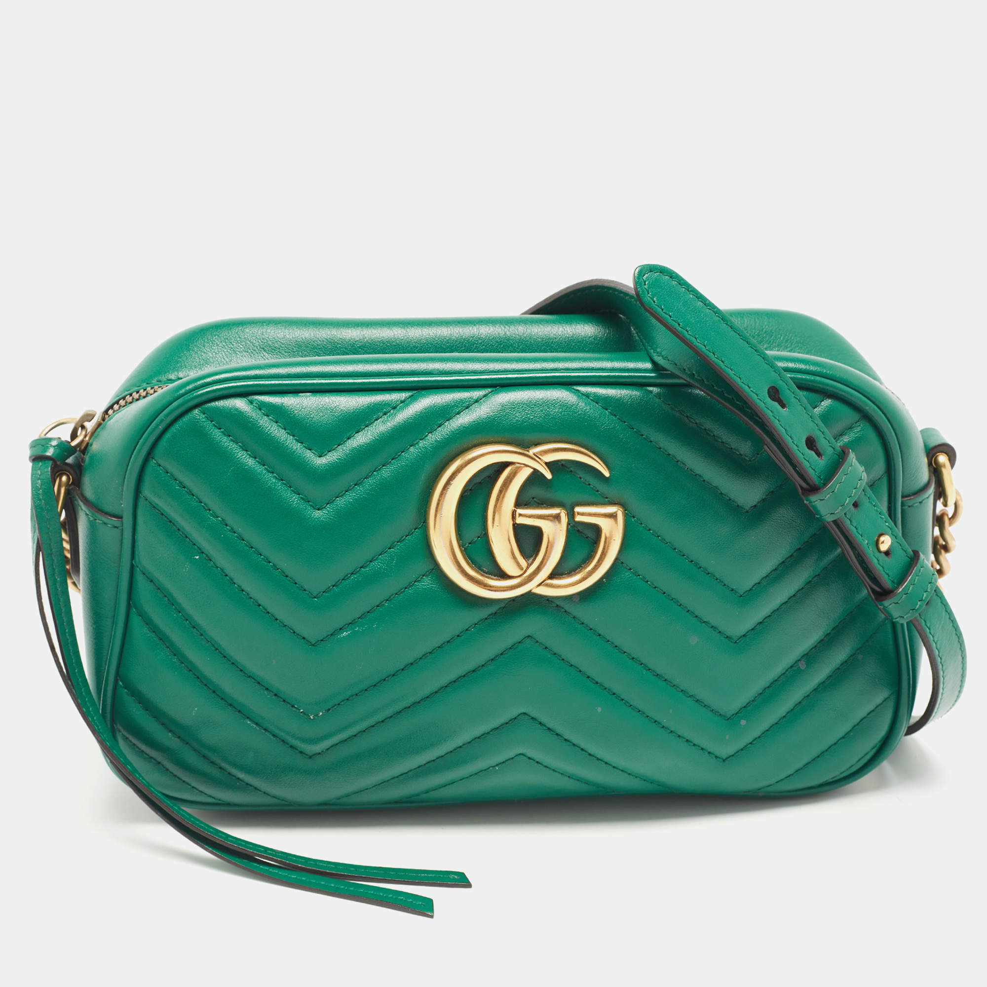 Pre Owned Gucci Green Matelassé Leather Small GG Marmont Shoulder Bag