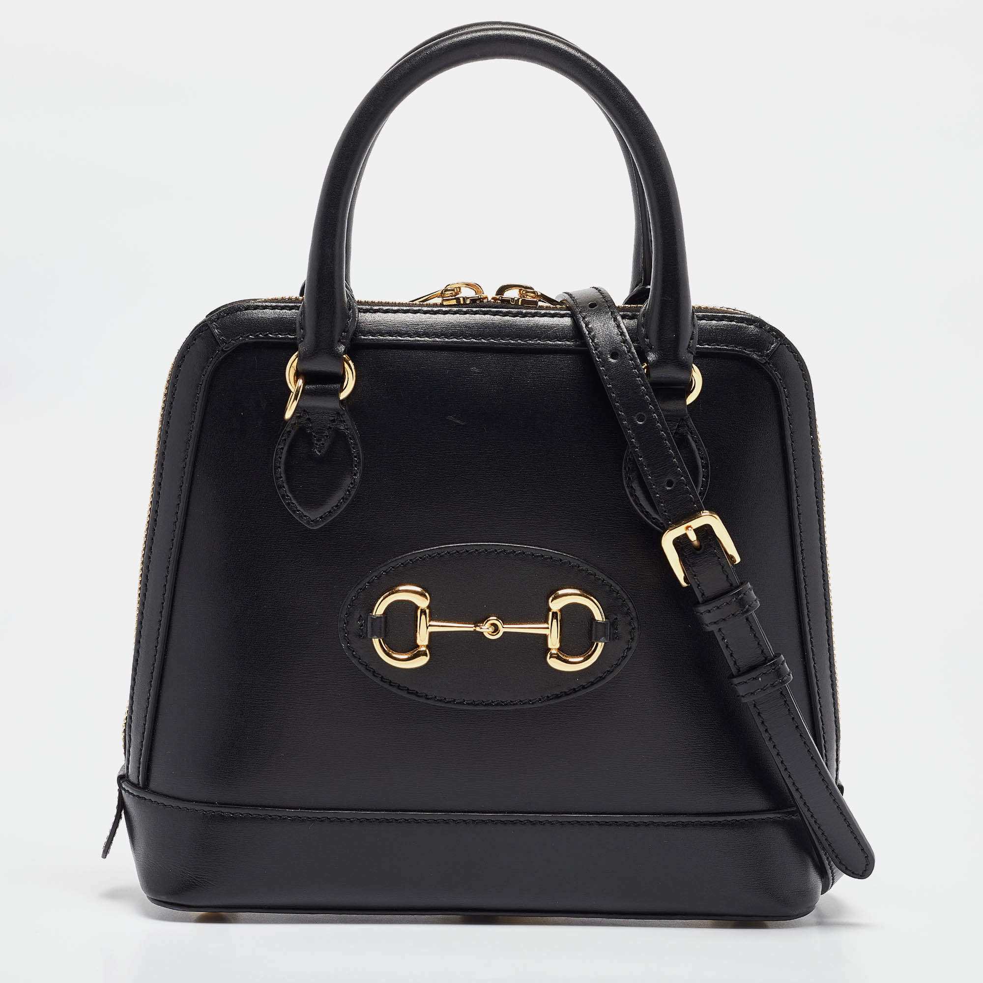 Pre Owned Gucci Black Leather Small Horsebit 1955 Top Handle Bag
