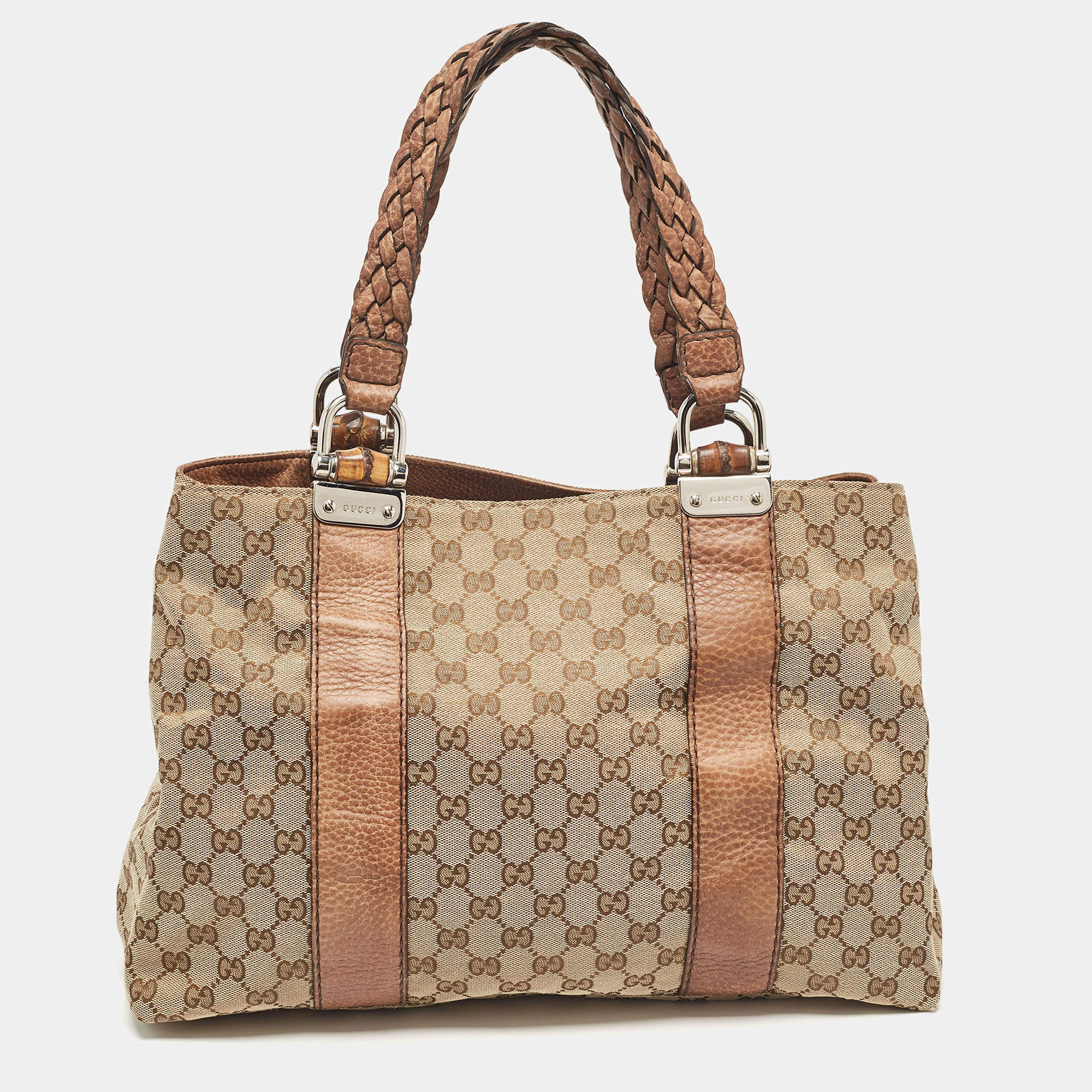 Pre Owned Gucci Beige/Brown GG Canvas and Leather Medium Bamboo Bar Tote