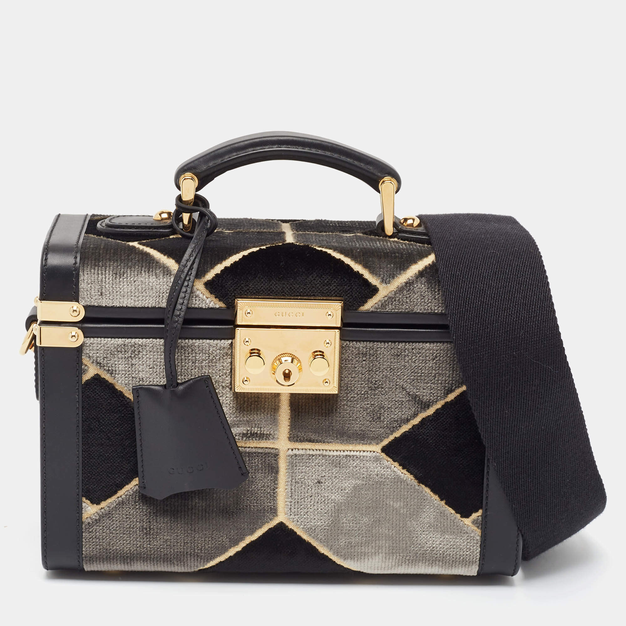 Pre Owned Gucci Black/Grey Printed Velvet and Leather Savoy Beauty Case Bag