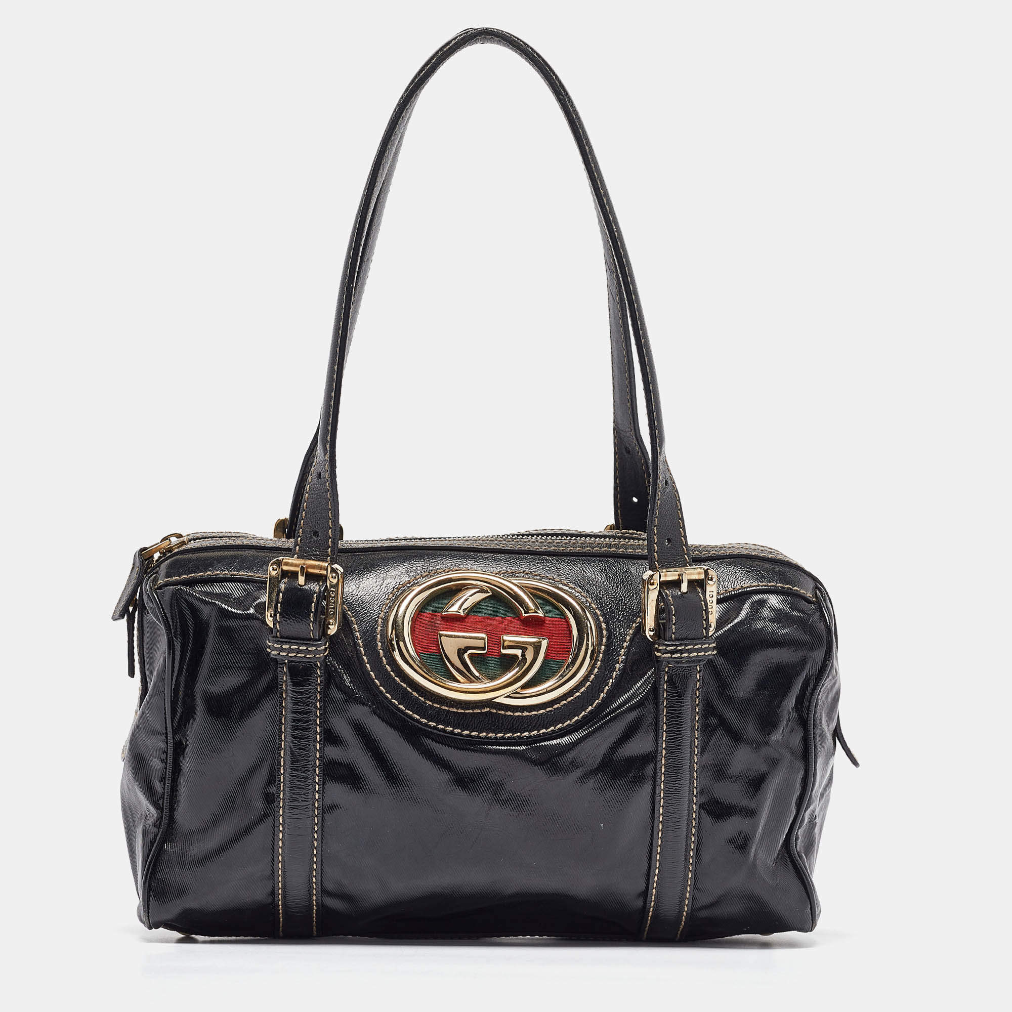 Pre Owned Gucci Black Coated Fabric Britt Boston Bag