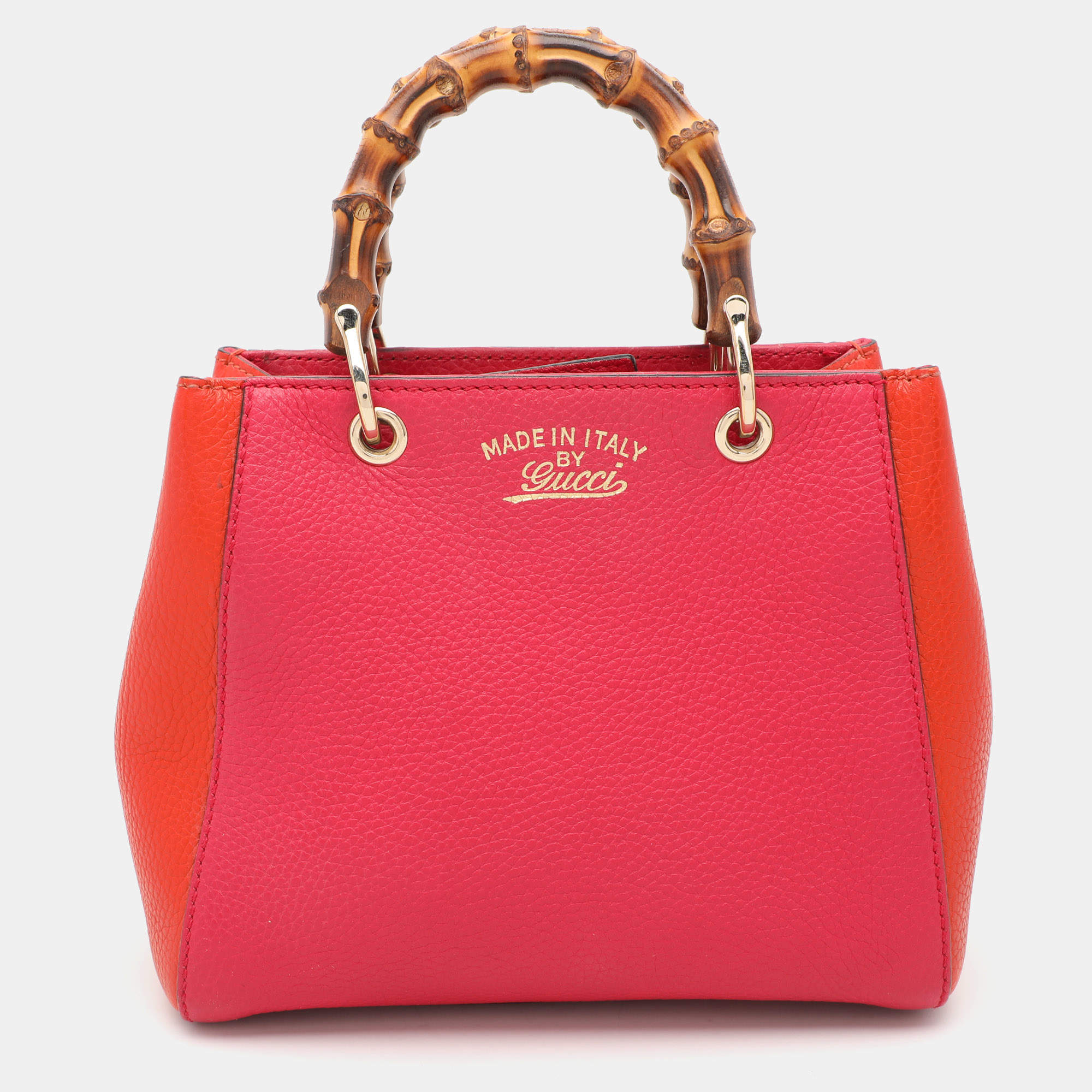 Pre Owned Gucci Pink/Orange Leather Mini Bamboo Tote