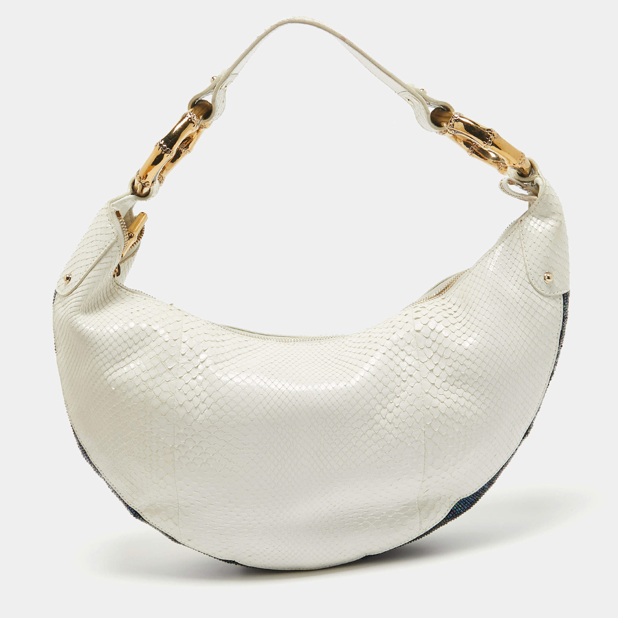 Gucci White Python and Beads Bamboo Ring Hobo