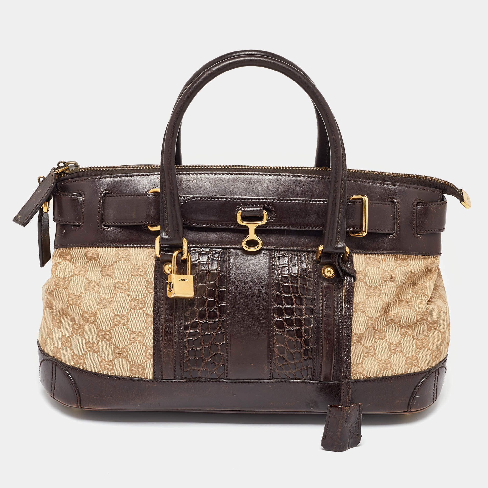 مملوكة مسبقًا Gucci Beige/Brown GG Canvas, Crocodile and Leather Secret Tote
