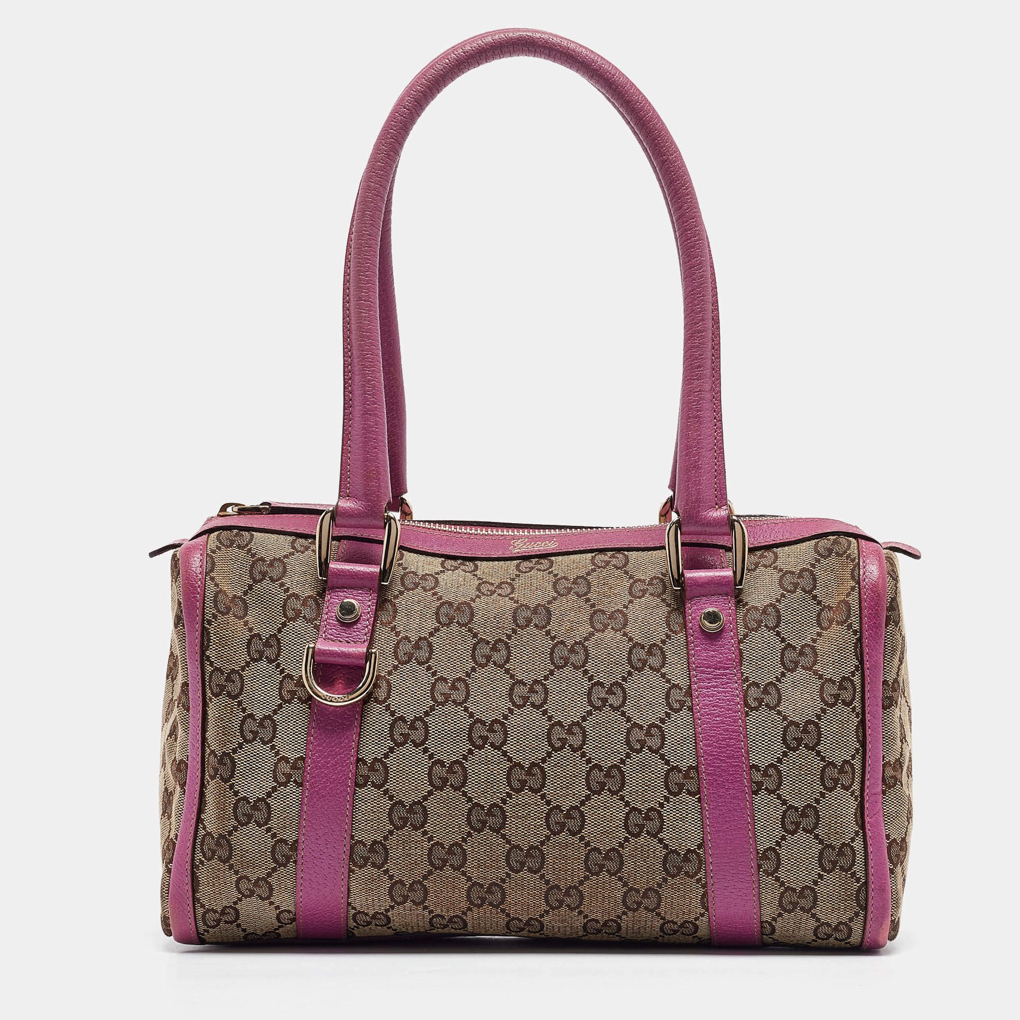 Pre Owned Gucci Pink/Beige GG Canvas and Leather Abbey Boston Bag