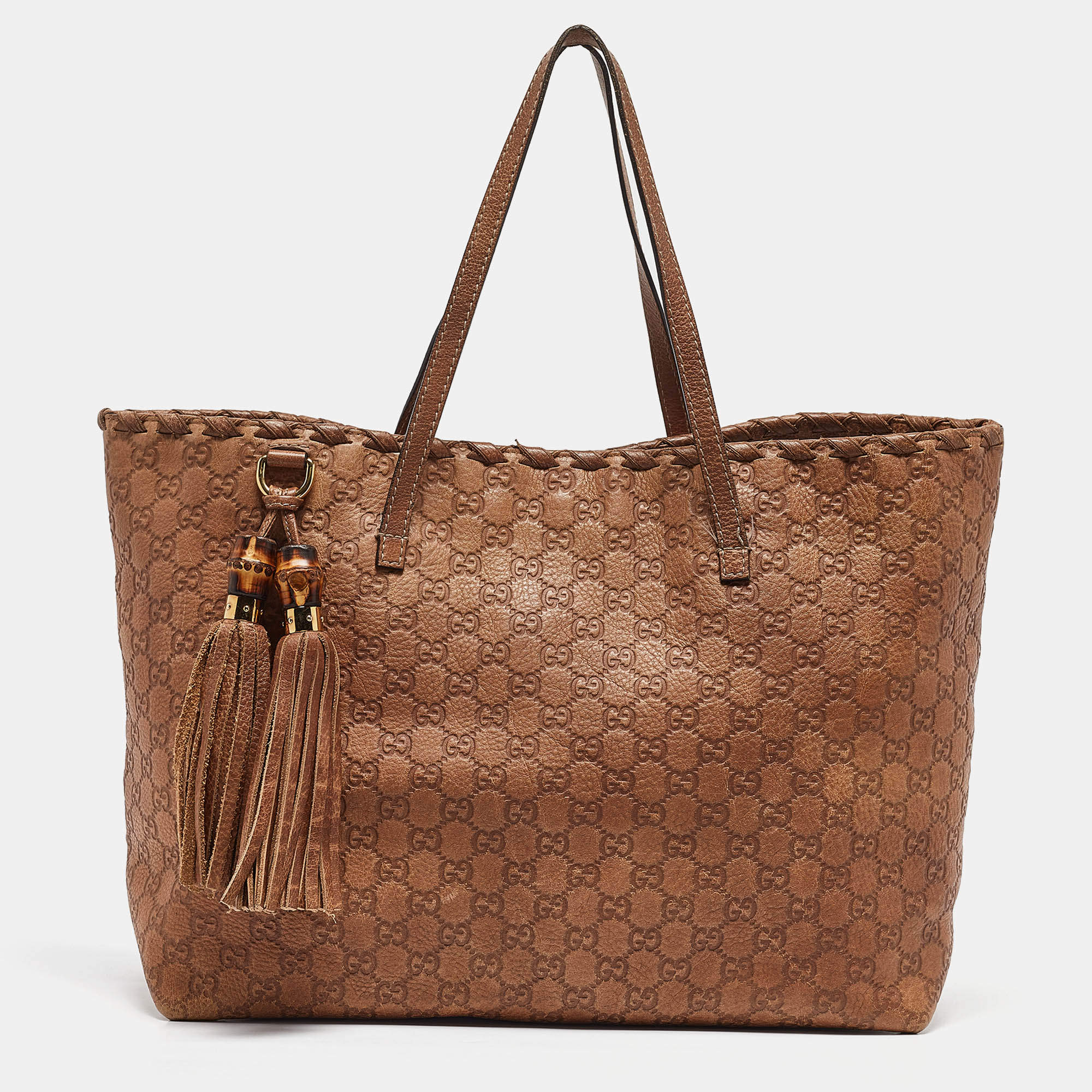 Pre Owned Gucci Brown Guccissima Leather Bamboo Tassel Tote