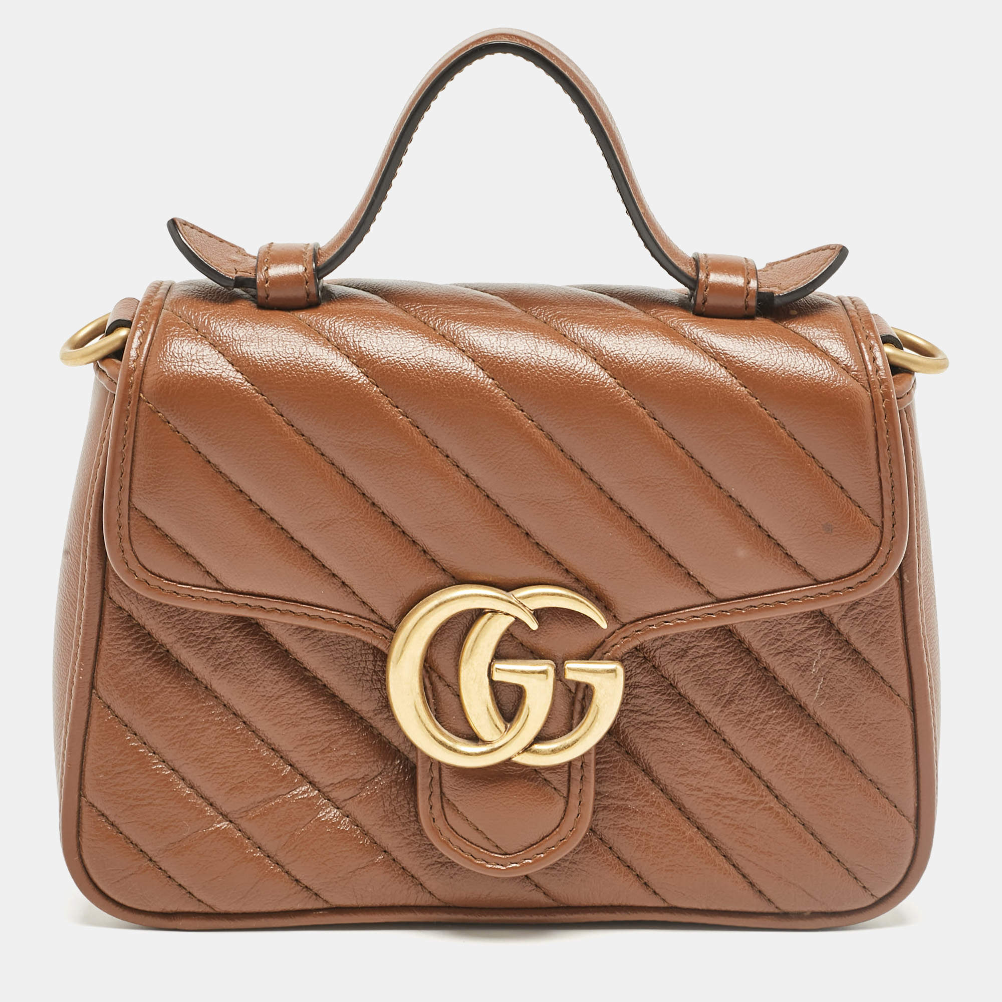 Gucci Brown Matelassé Leather Mini GG Marmont Top Handle Bag