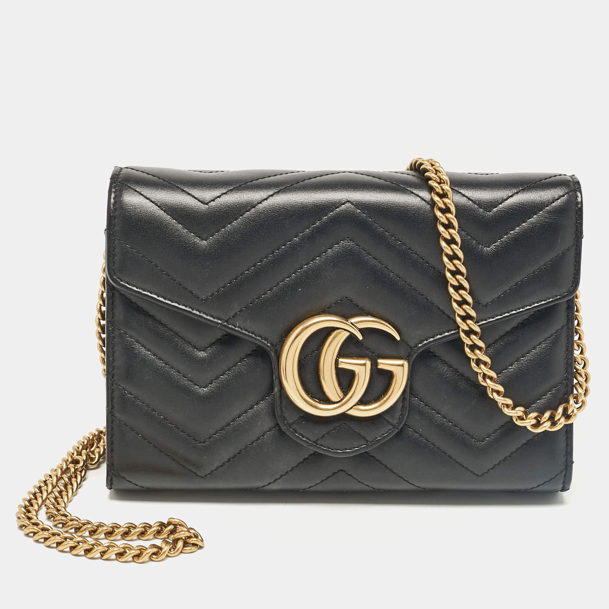 Gucci Black Matelassé Leather GG Marmont Wallet On Chain