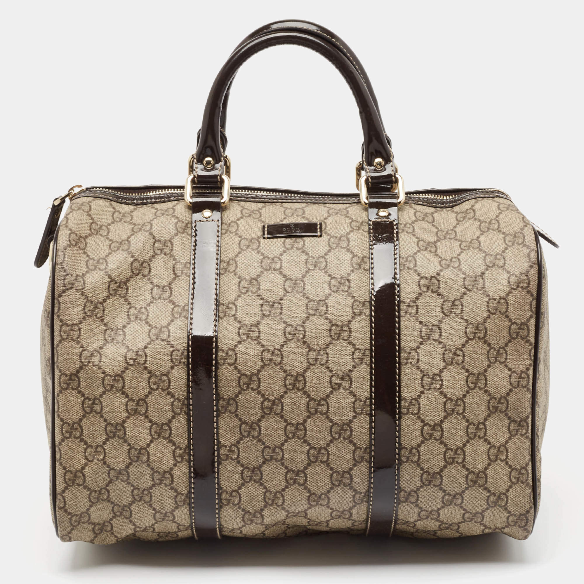 Pre Owned Gucci Dark Brown/Beige GG Supreme Canvas Medium Joy Boston Bag