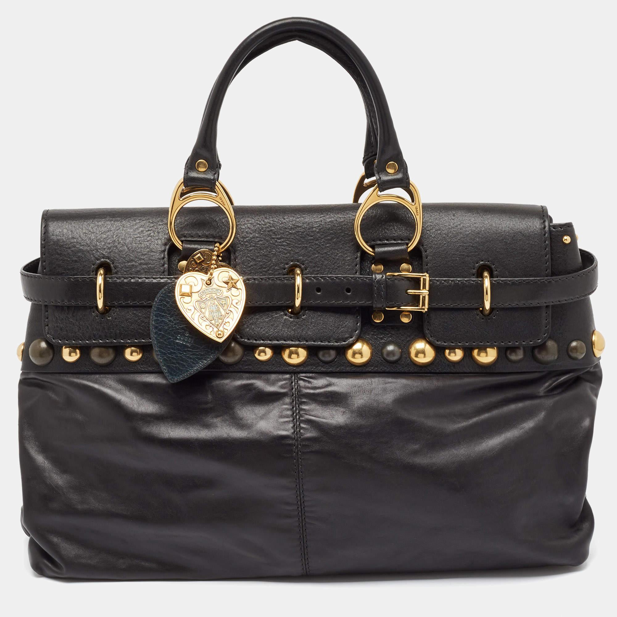 Pre Owned Gucci Black Leather Babouska Flap Satchel