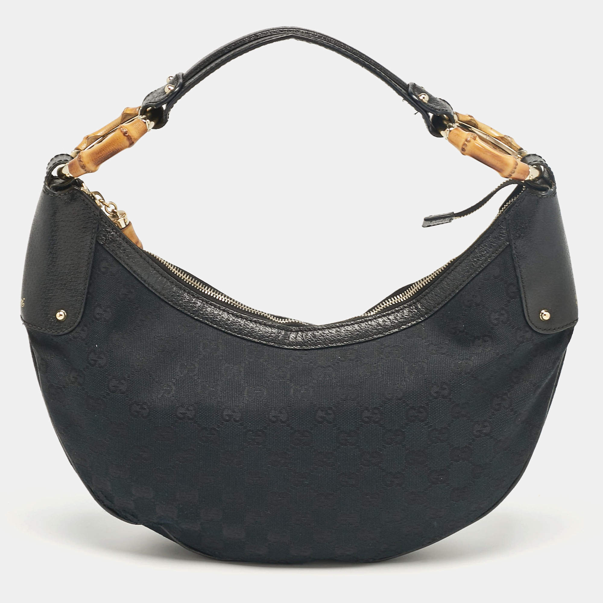Pre Owned Gucci Black GG Canvas and Leather Bamboo Ring Hobo