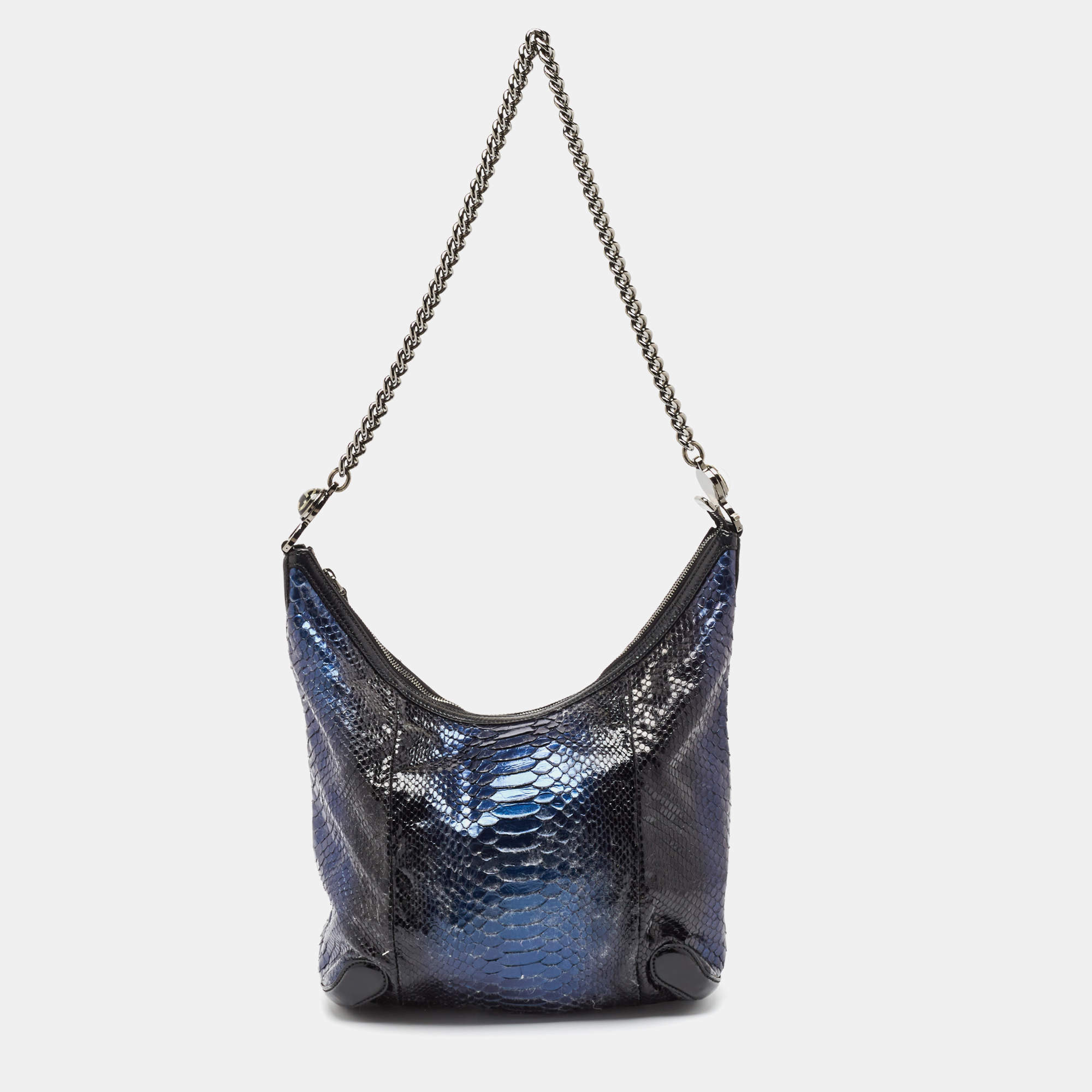 Pre Owned Gucci Metallic Blue/Black Leather and Python Galaxy Hobo