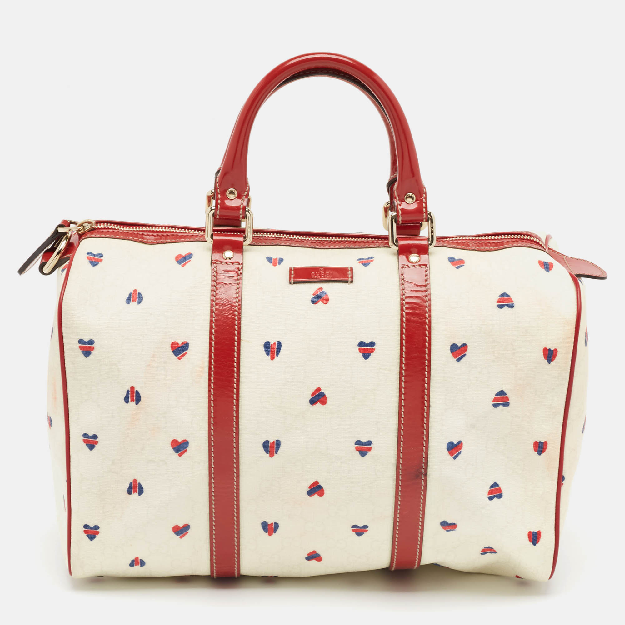 Pre Owned Gucci Red/White Heart Print GG Canvas and Leather Joy Boston Bag 