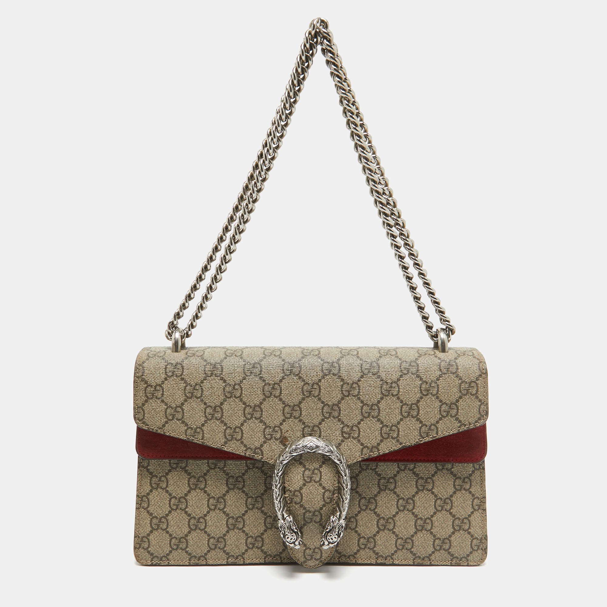 Pre Owned Gucci Beige/Red GG Supreme Canvas and Suede Small Dionysus Shoulder Bag