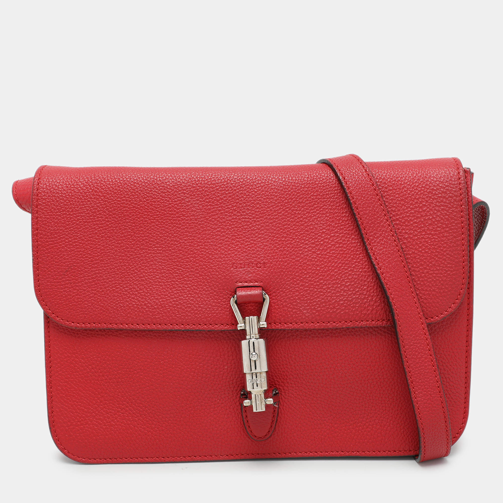 Pre Owned Gucci Red Leather Jackie Flap Shoulder Bag