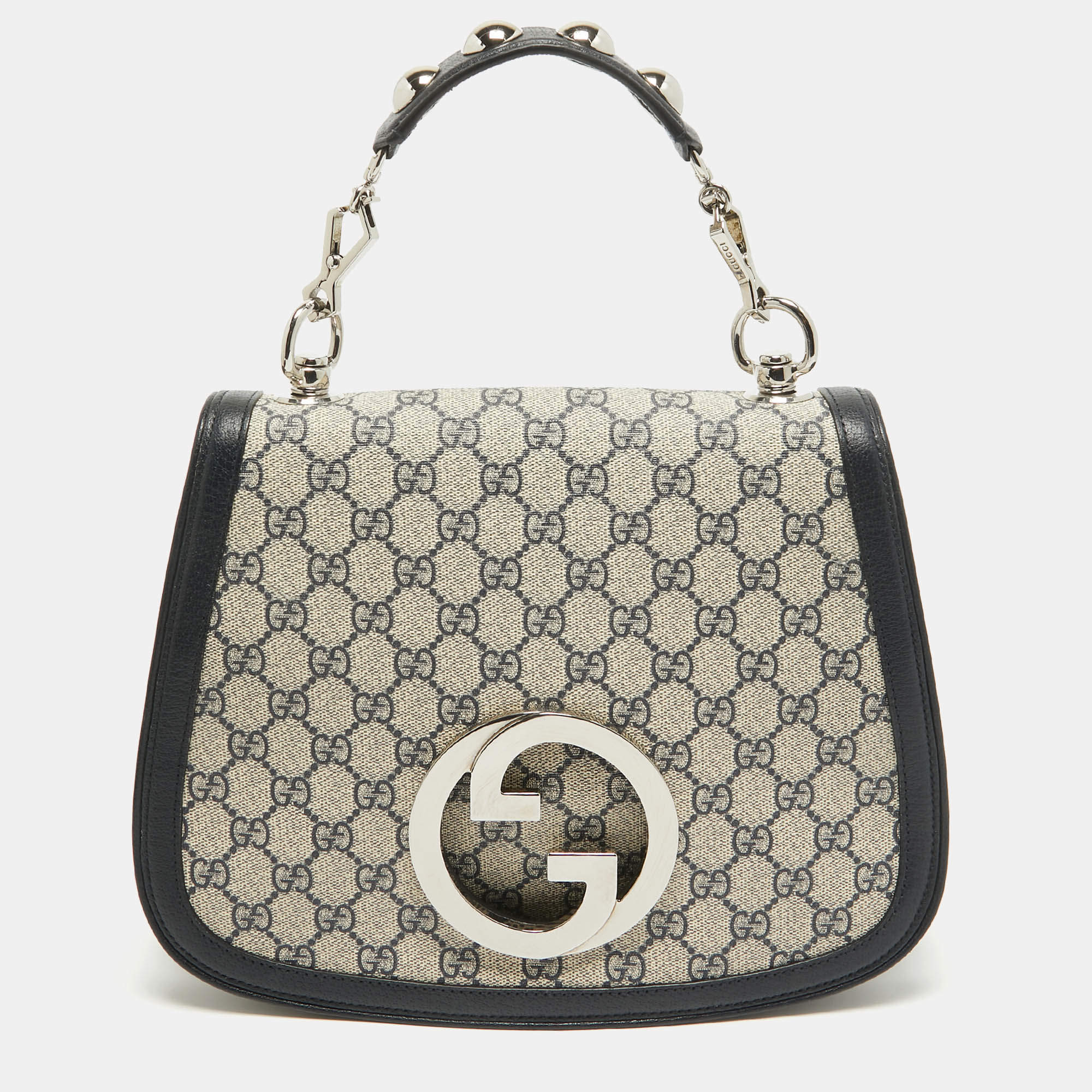 Pre Owned Gucci Navy Blue/Beige GG Supreme Canvas and Leather Blondie Top Handle Bag