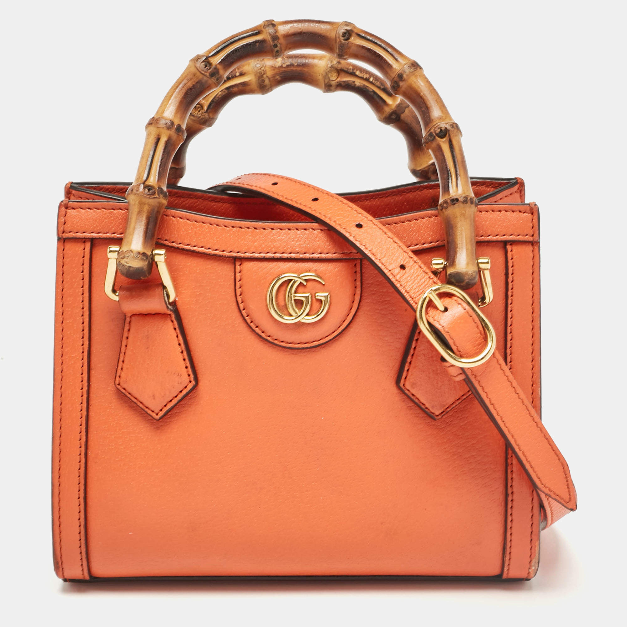Pre Owned Gucci Orange Leather Mini Bamboo Diana Tote