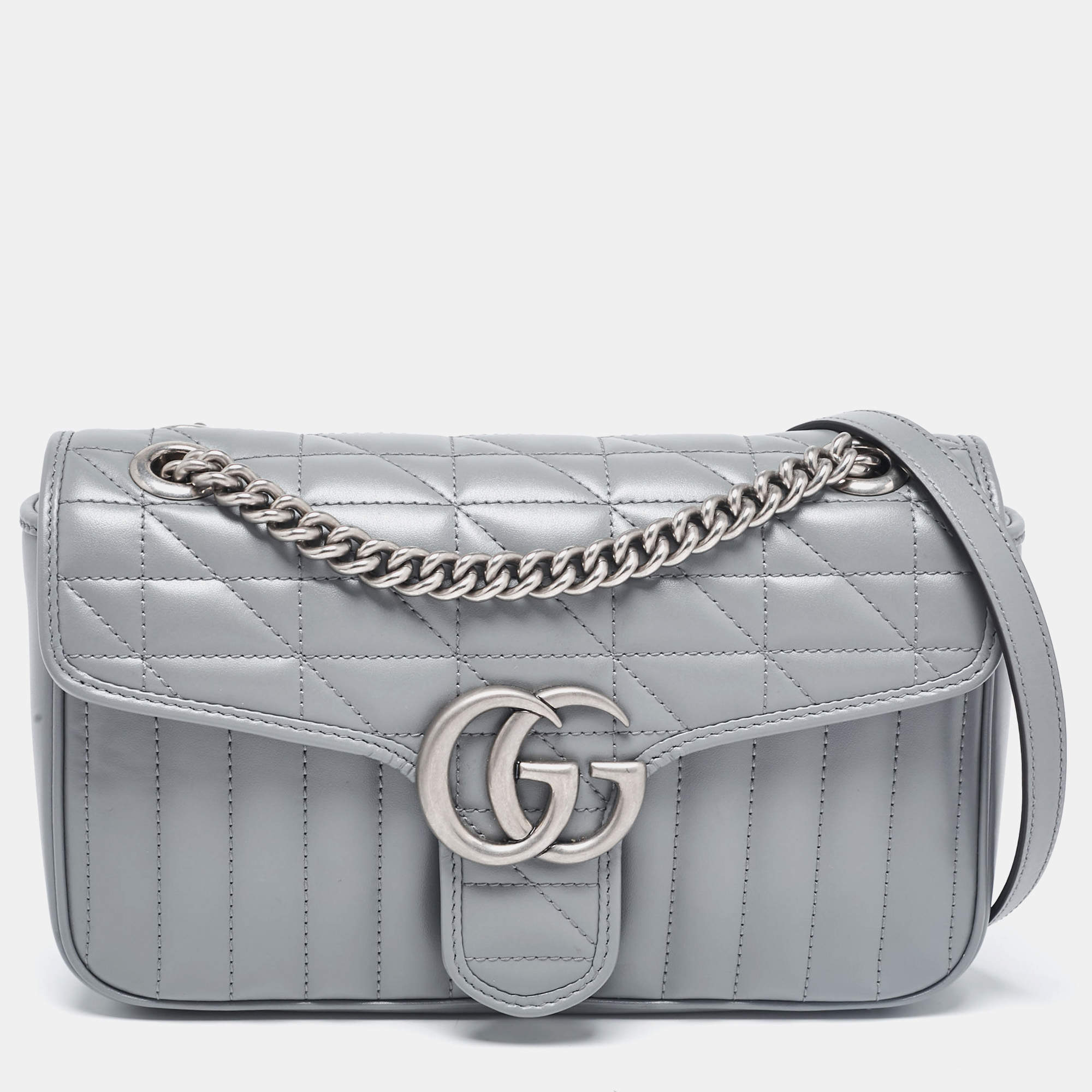Pre Owned Gucci Grey Mix Quilted Leather Small GG Marmont Shoulder Bag