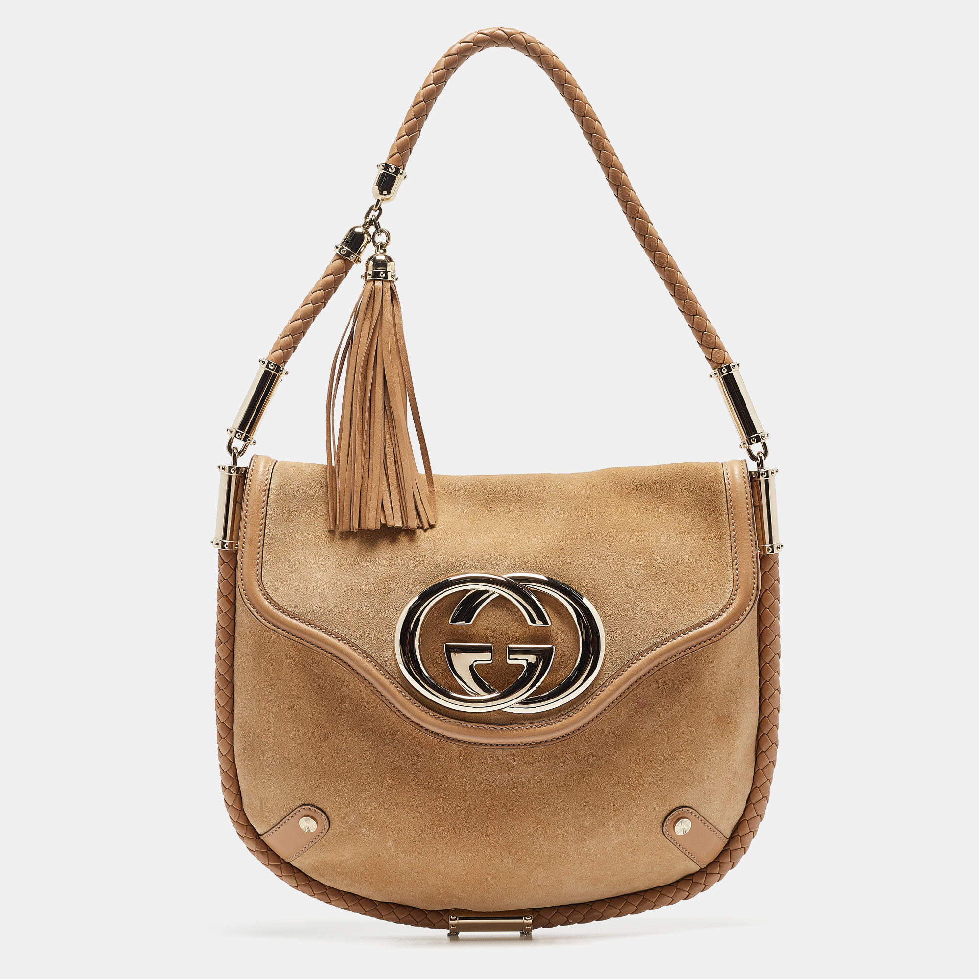 Pre Owned Gucci Tan Suede Medium Britt Tassel Hobo