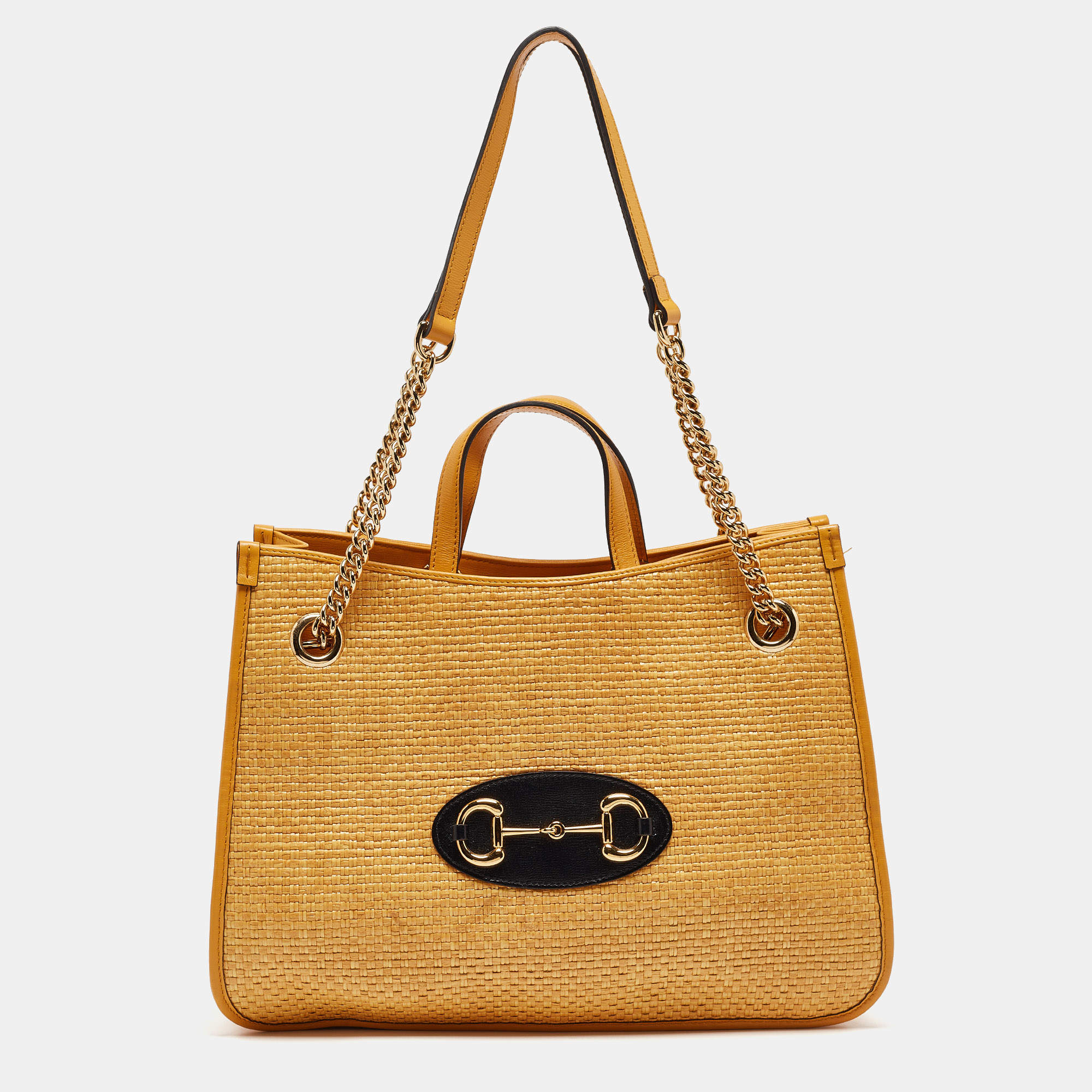 Pre Owned Gucci Yellow Leather and Raffia Horsebit 1955 Chain Tote