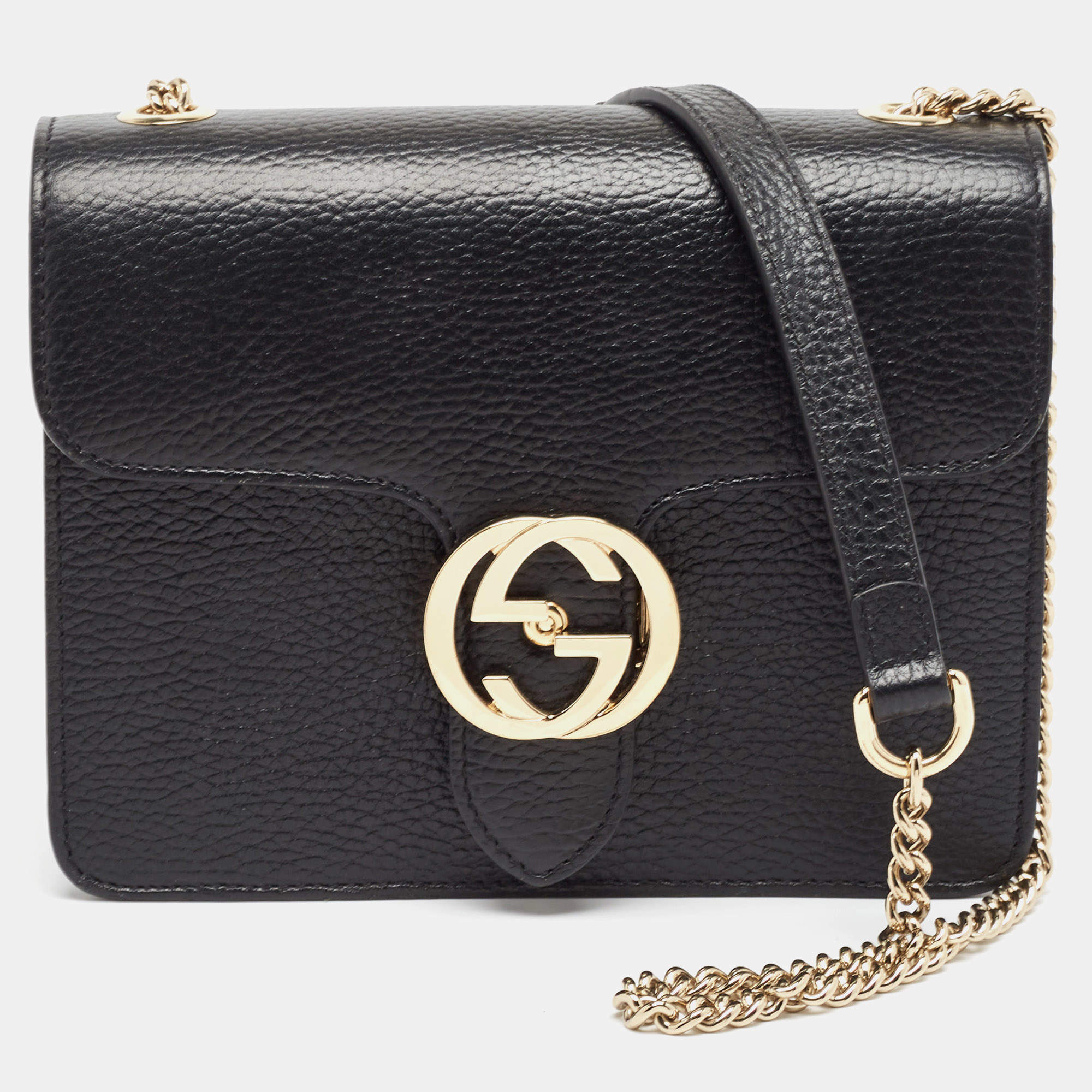 Pre Owned Gucci Black Leather Small Dollar Interlocking G Shoulder Bag