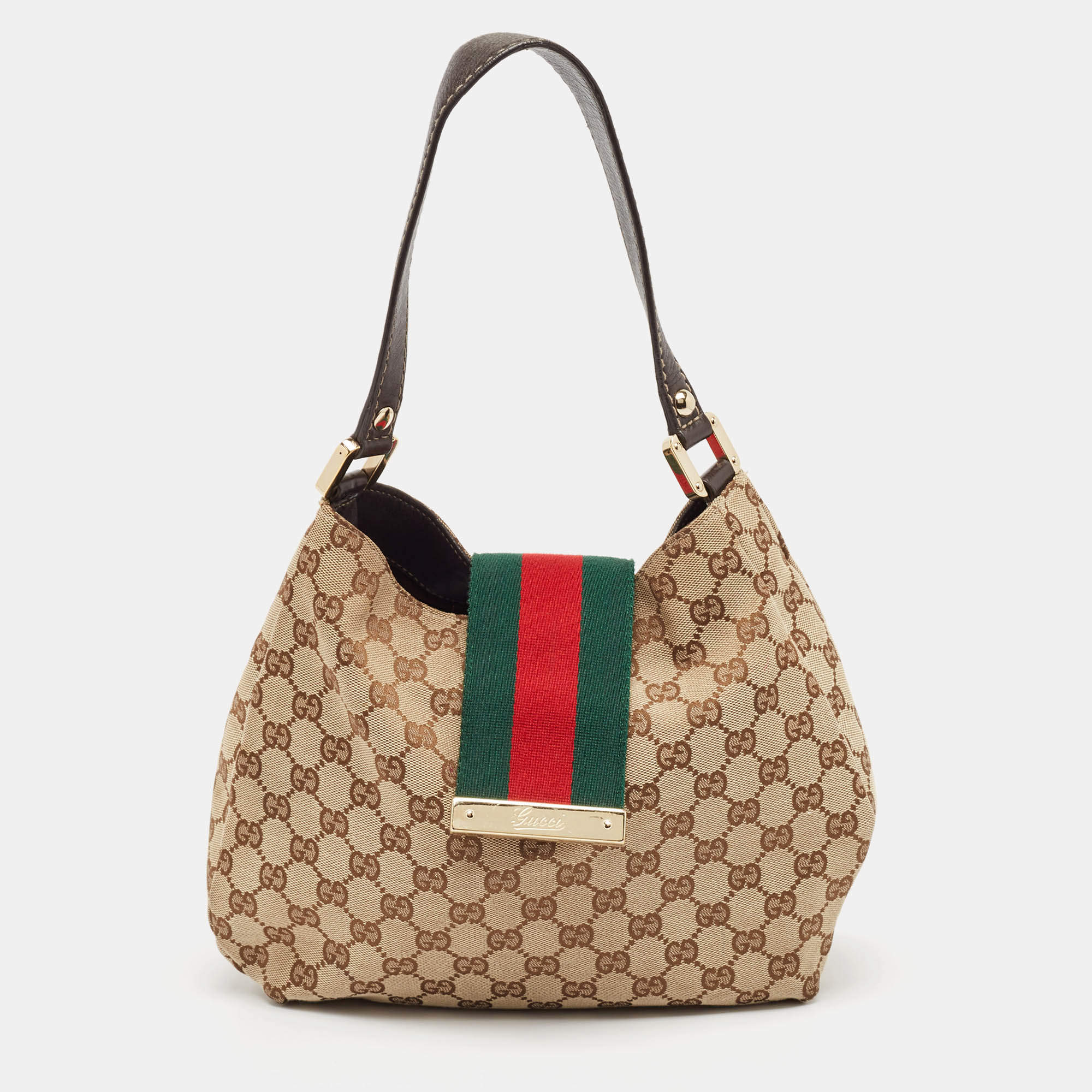 Pre Owned Gucci Brown/Beige GG Canvas and Leather Small New Ladies Web Hobo