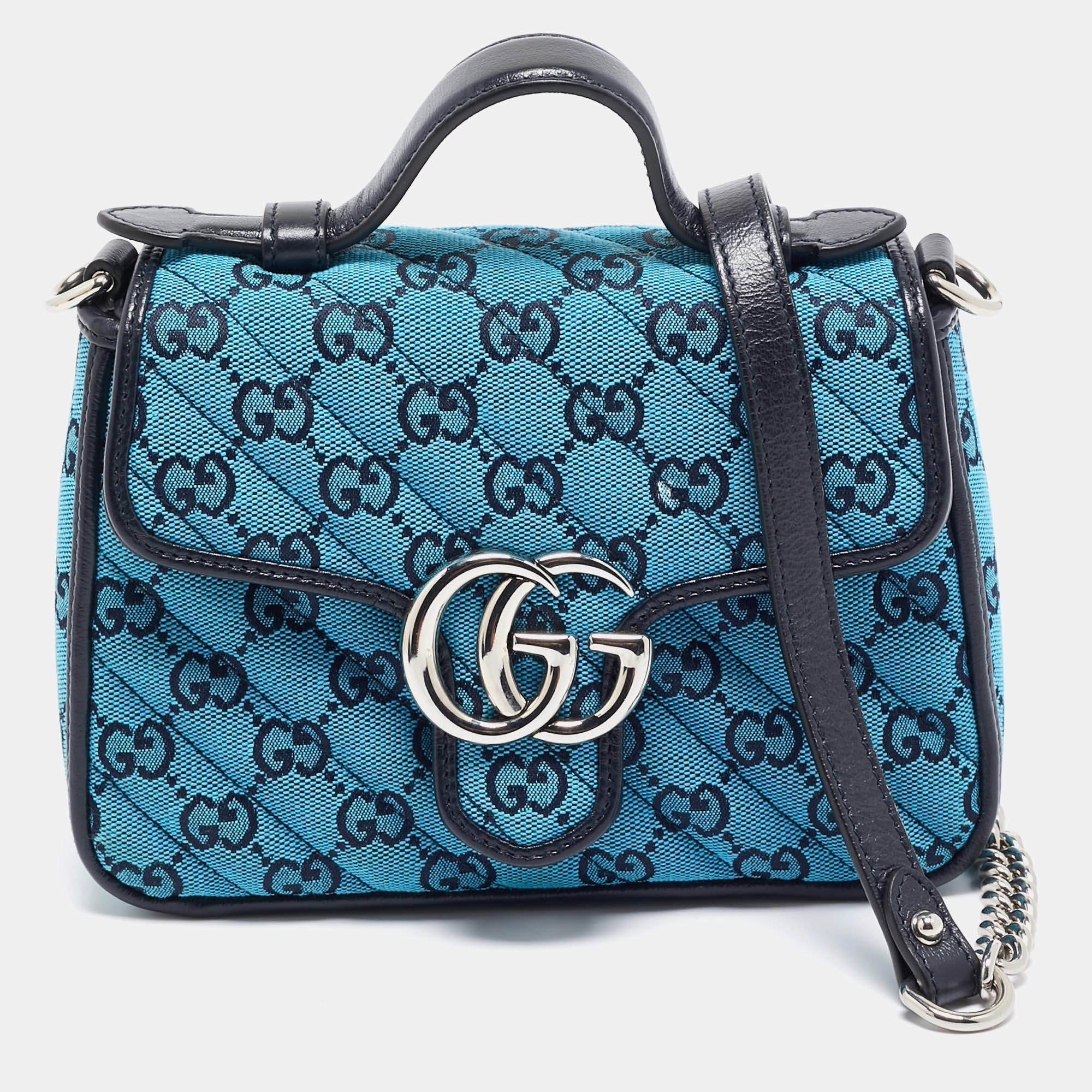 Gucci Blue Canvas GG Diagonal Quilt Canvas and Leather Mini GG Marmont Top Handle Bag