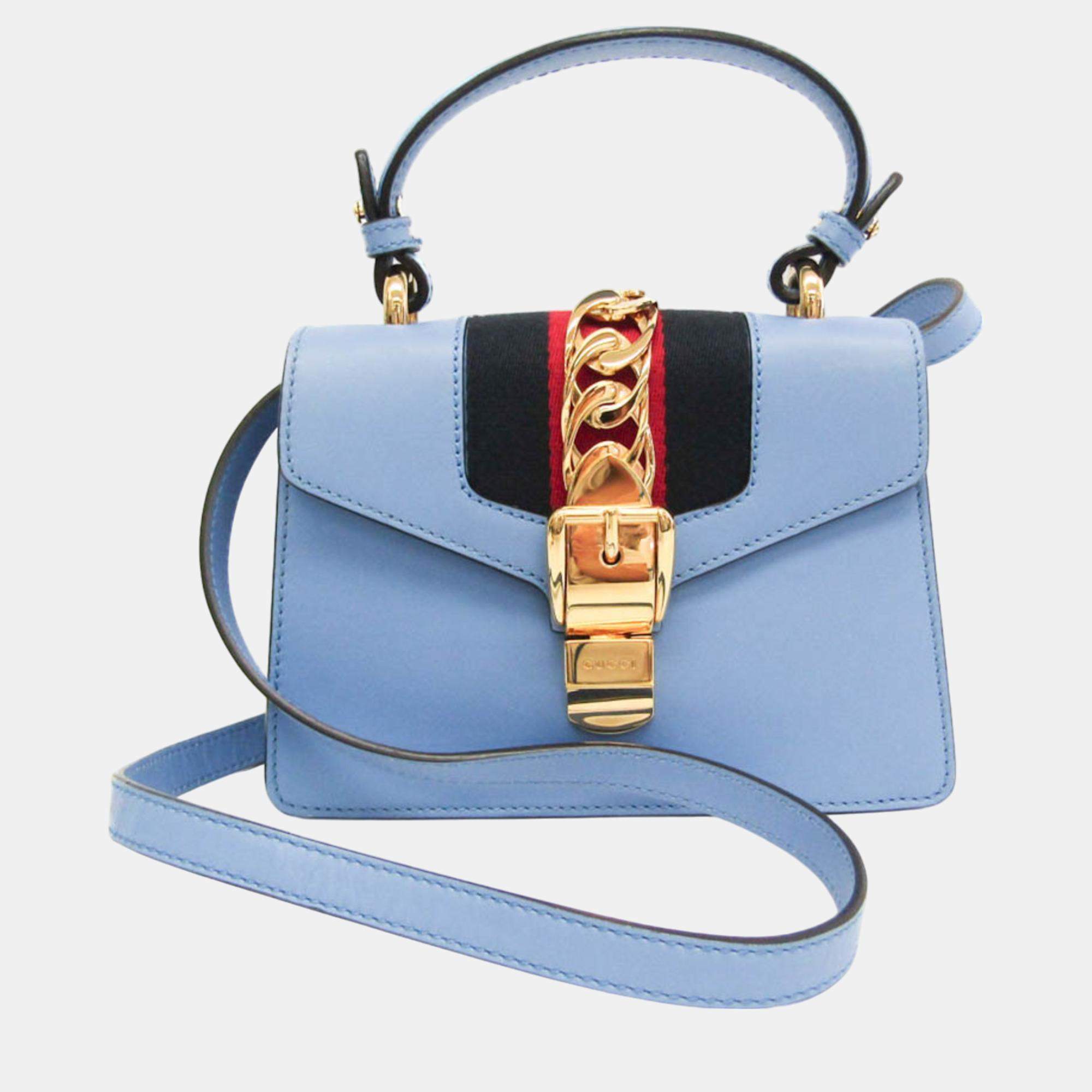 Gucci Light Blue Leather Mini Sylvie Top Handle Bag