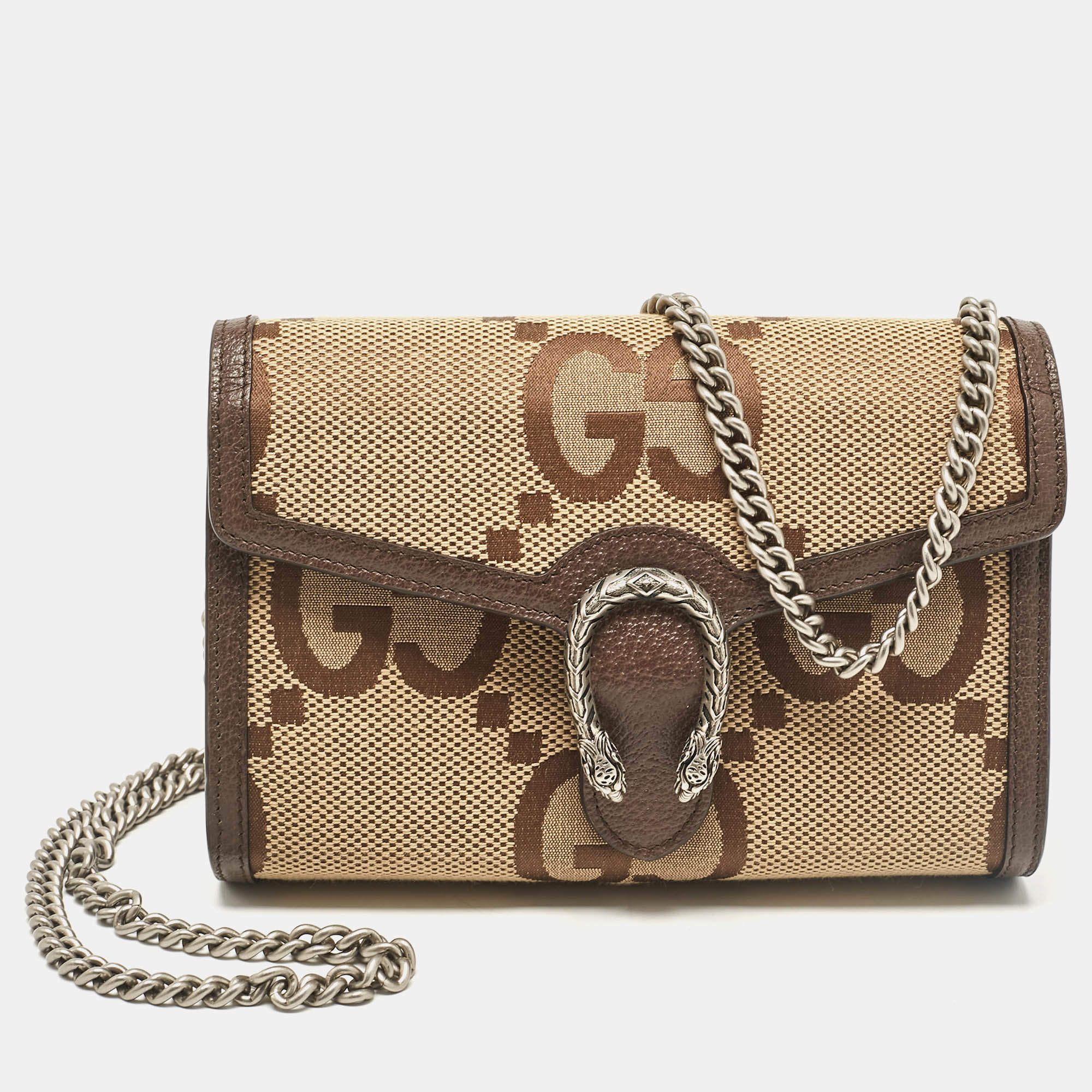 Gucci Brown/Beige Jumbo GG Canvas Dionysus Wallet On Chain