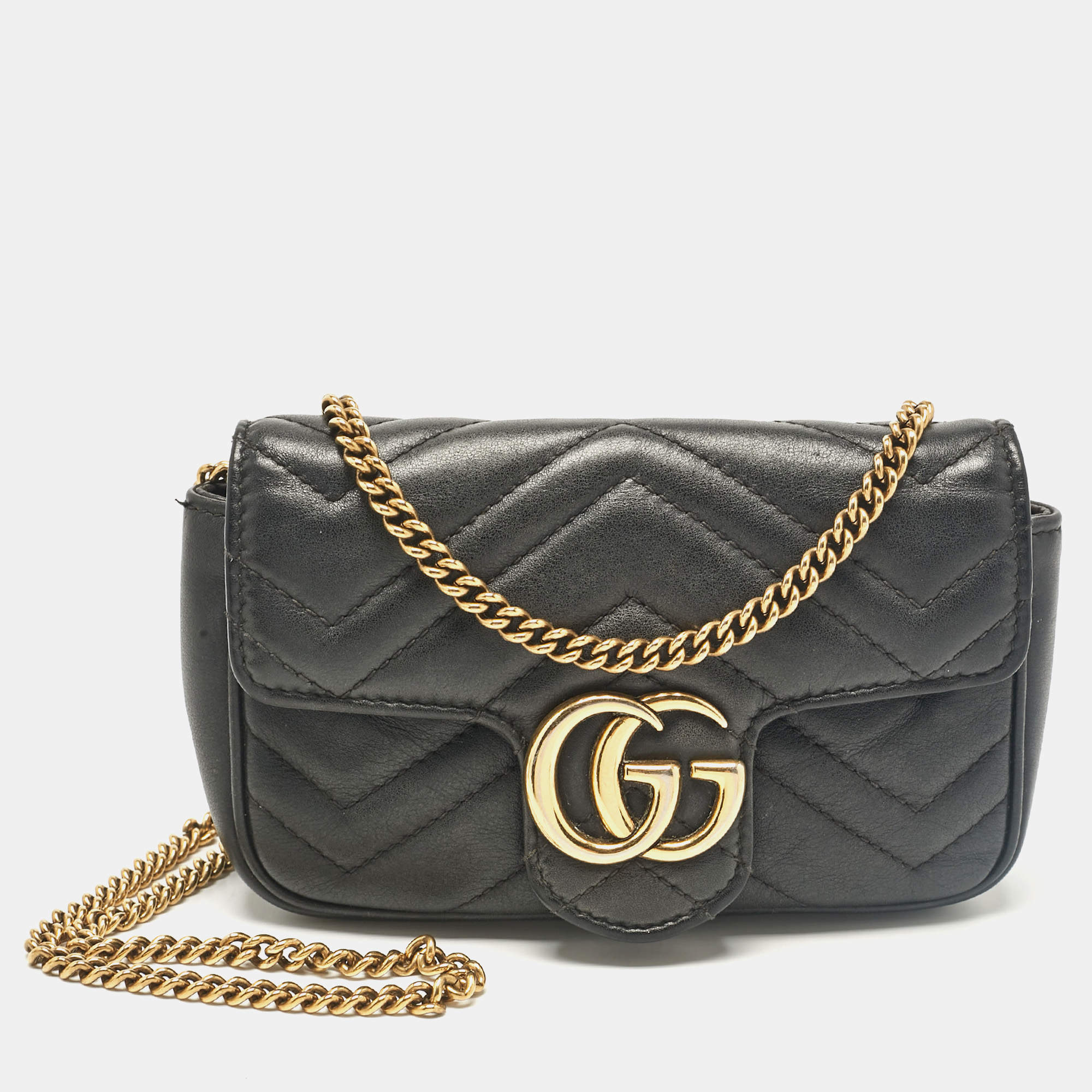 Pre Owned Gucci Black Matelassé Leather Super Mini GG Marmont Shoulder Bag