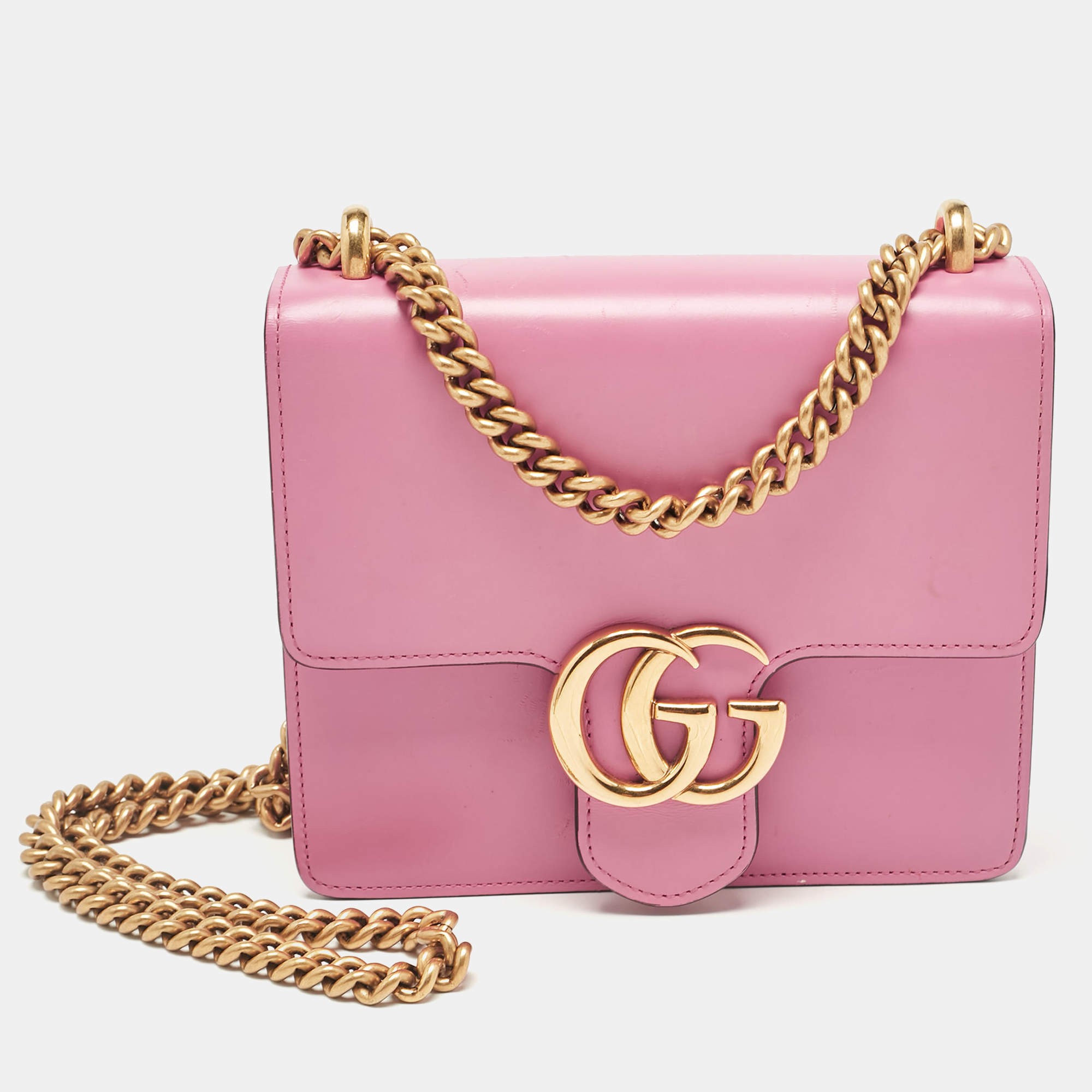 Gucci Pink Leather Small GG Marmont Chain Shoulder Bag