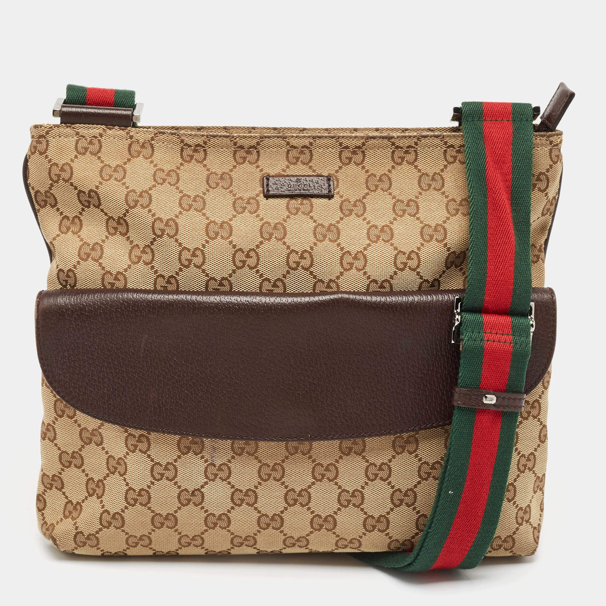 Pre Owned Gucci Dark Brown/Beige GG Canvas and Leather Messenger Bag