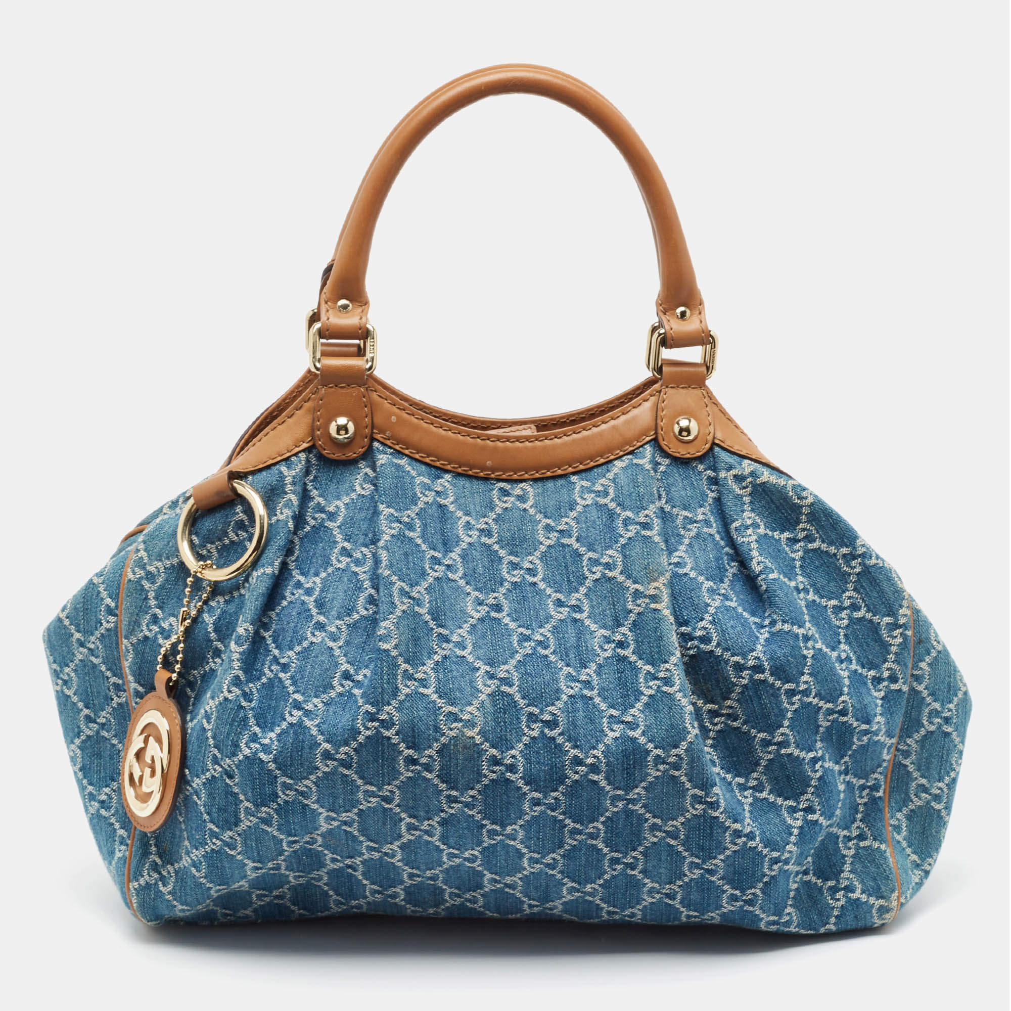 مملوكة مسبقًا Gucci Blue/Brown GG Denim and Leather Medium Sukey Tote