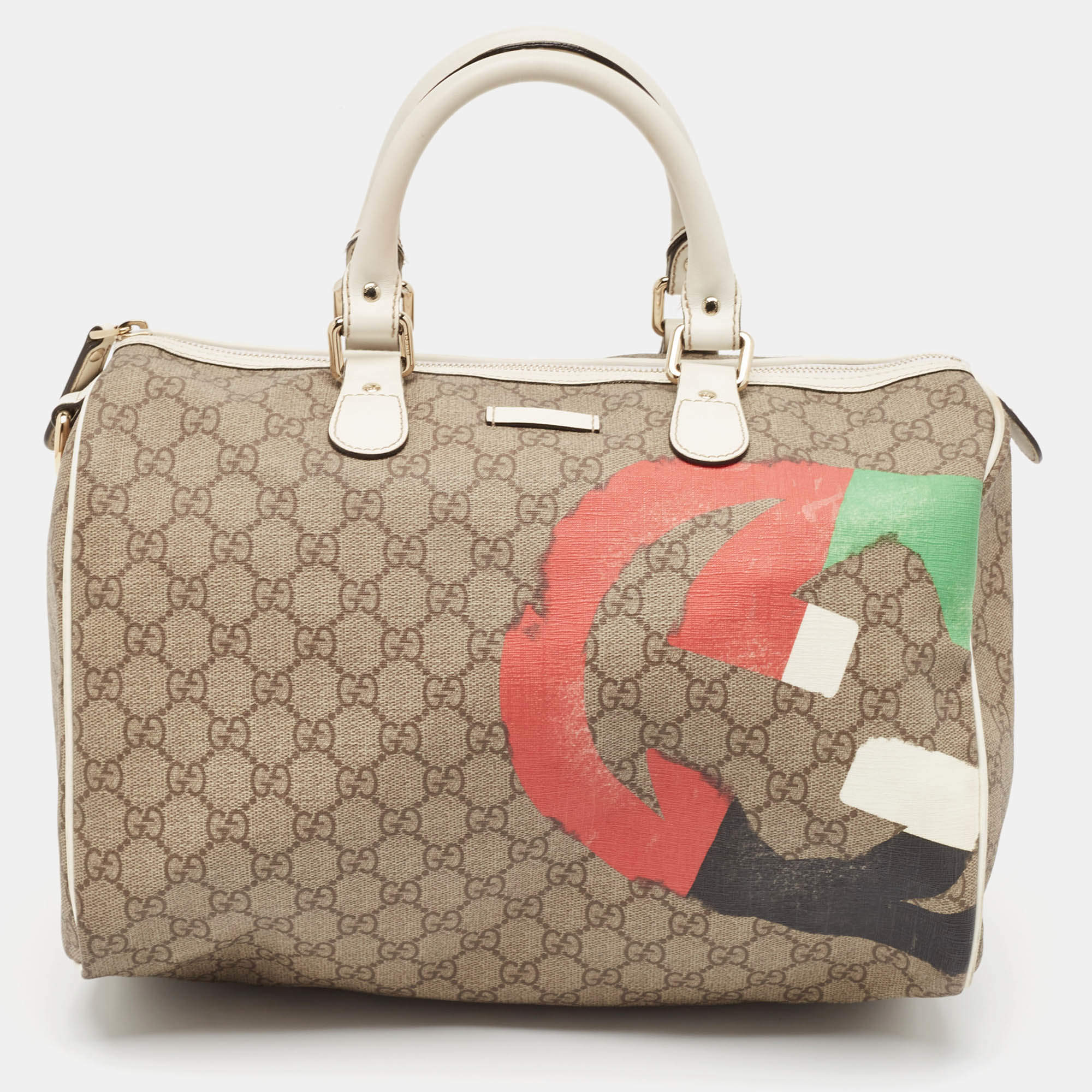 Pre Owned Gucci White/Beige GG Supreme Canvas Medium Italian GG Flap Boston Bag