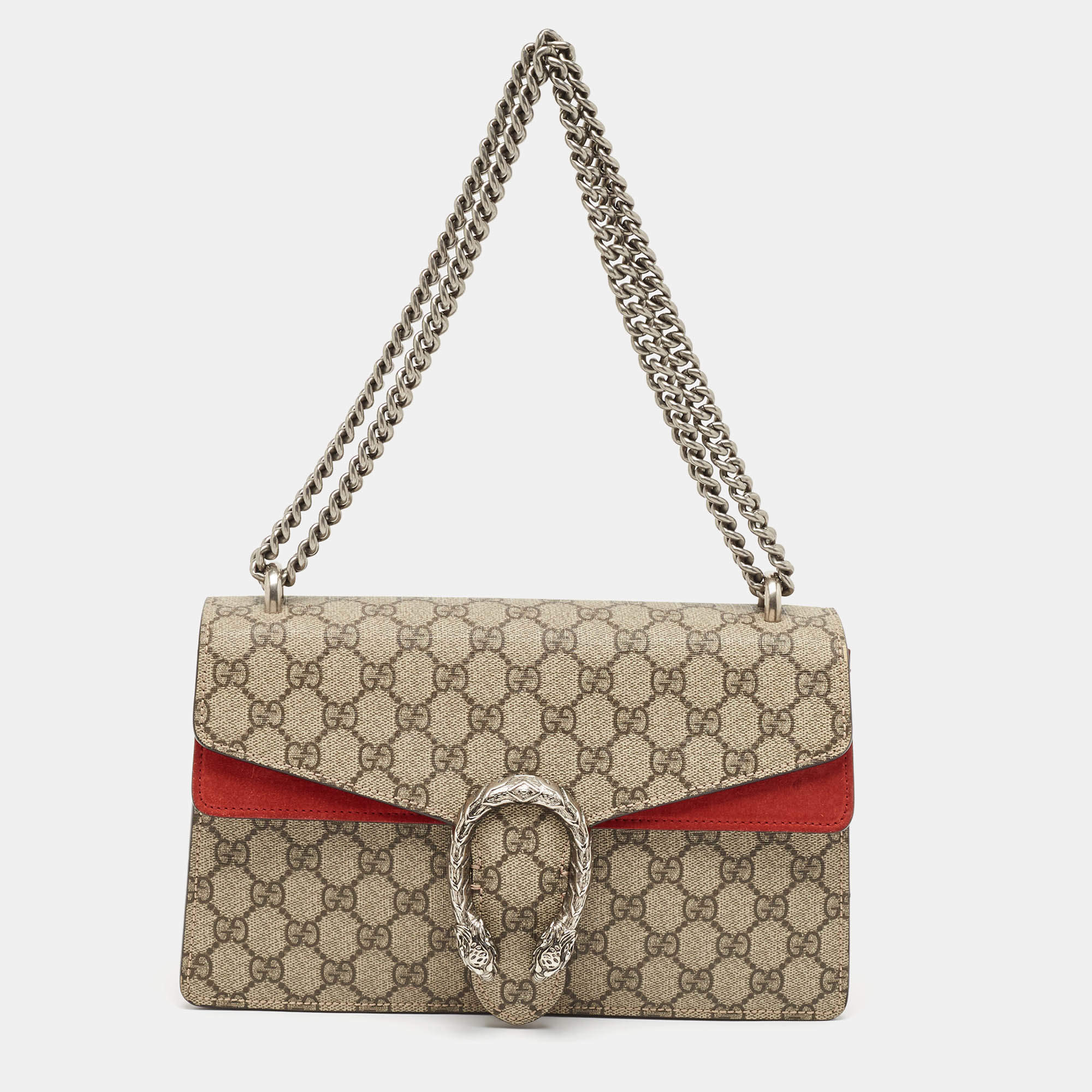 Pre Owned Gucci Red/Beige GG Supreme Canvas and Suede Small Dionysus Shoulder Bag