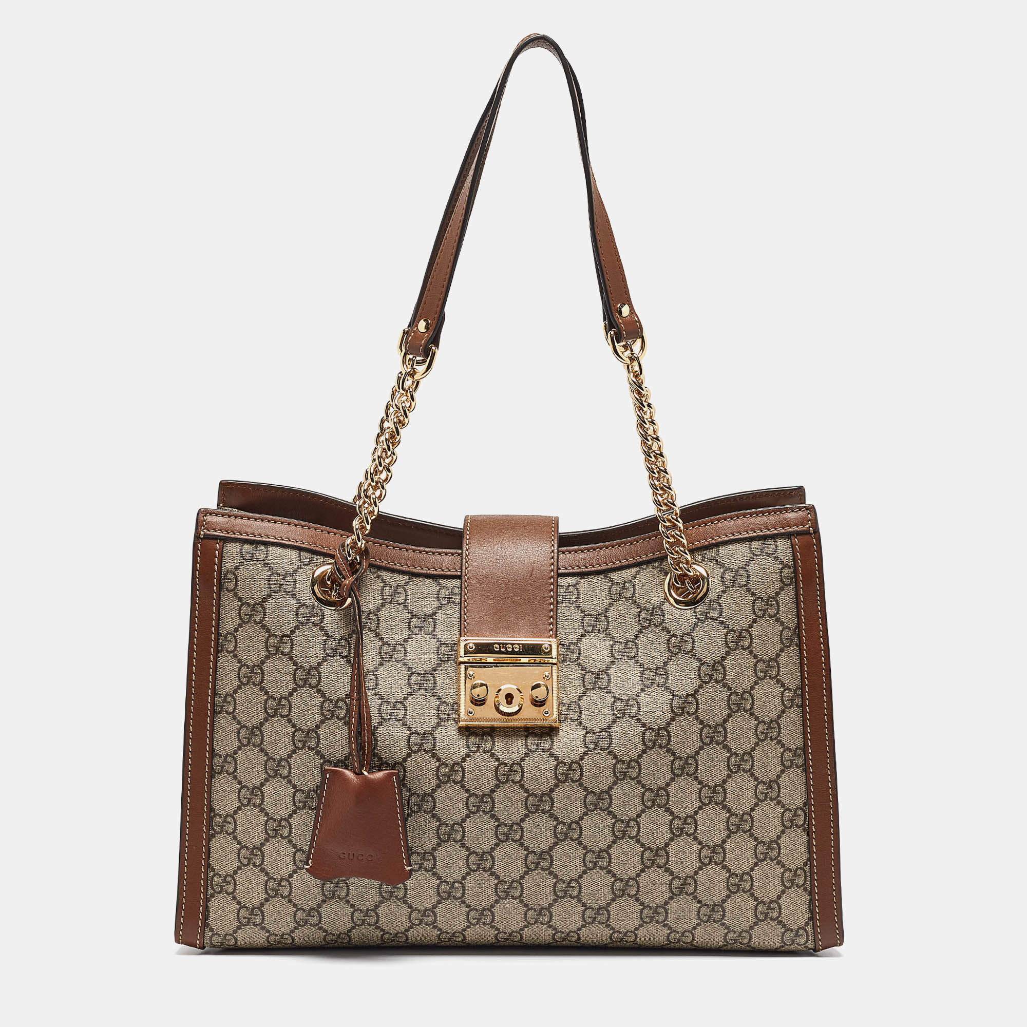 Pre Owned Gucci Brown/Beige GG Supreme Canvas Medium Padlock Shoulder Bag