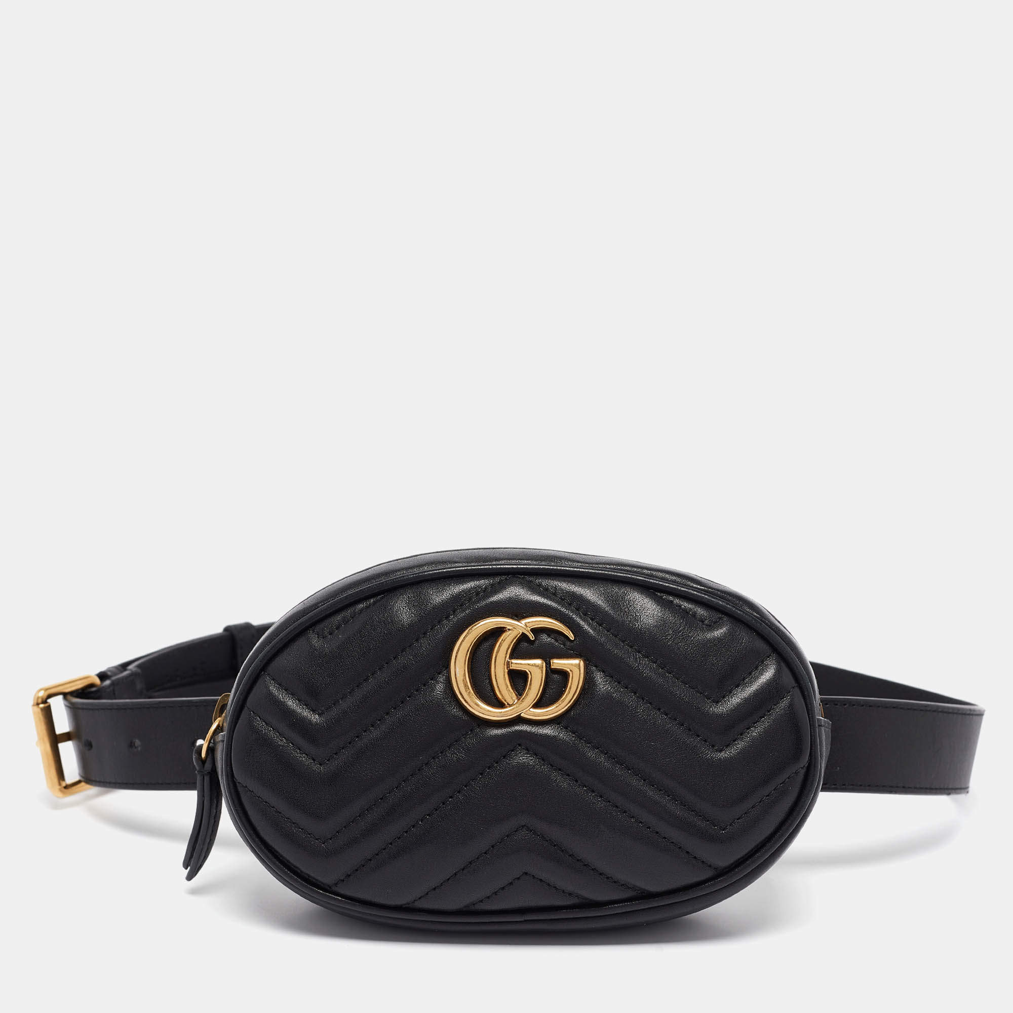 Gucci Black Matelassé Leather GG Marmont Belt Bag