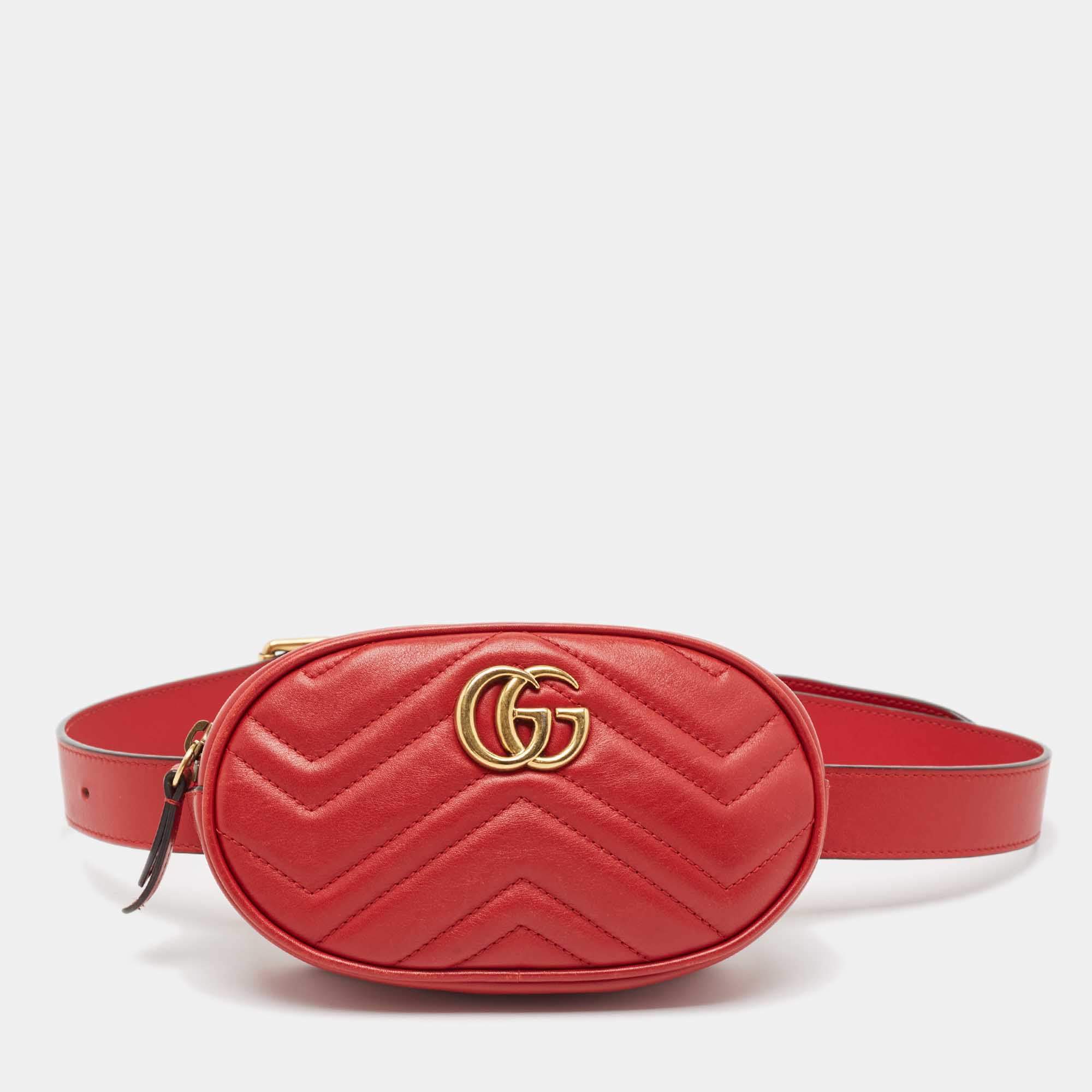 Gucci Red Matelassé Leather Mini GG Marmont Belt Bag