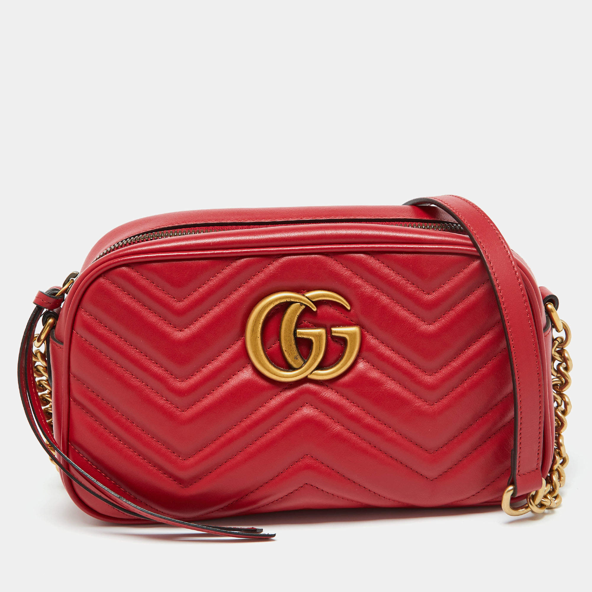 Pre Owned Gucci Red Matelassé Leather Small GG Marmont Shoulder Bag