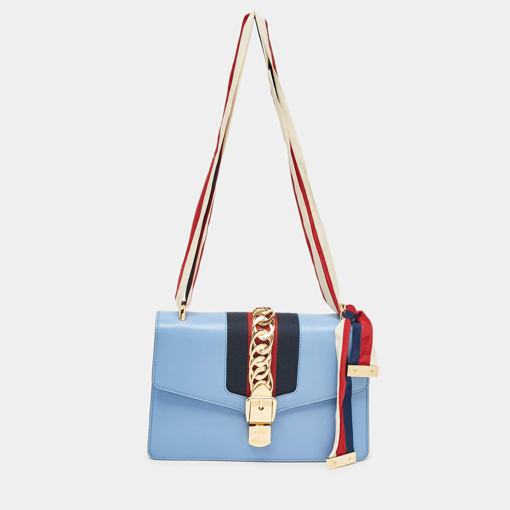 Gucci Light Blue Leather Small Web Sylvie Shoulder Bag