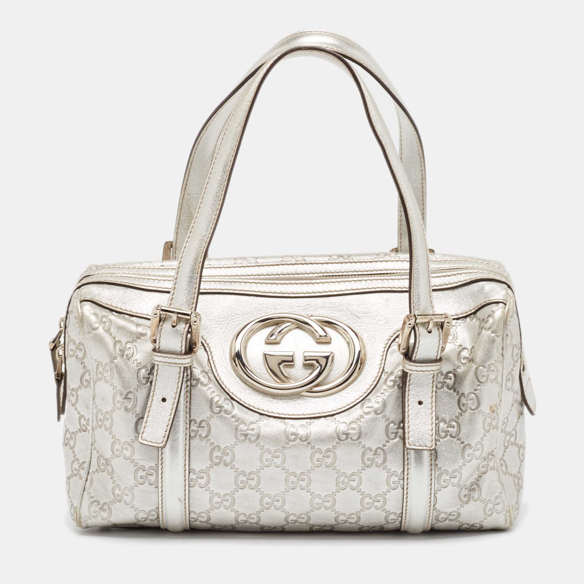 Gucci Silver Guccissima Leather Britt Boston Bag