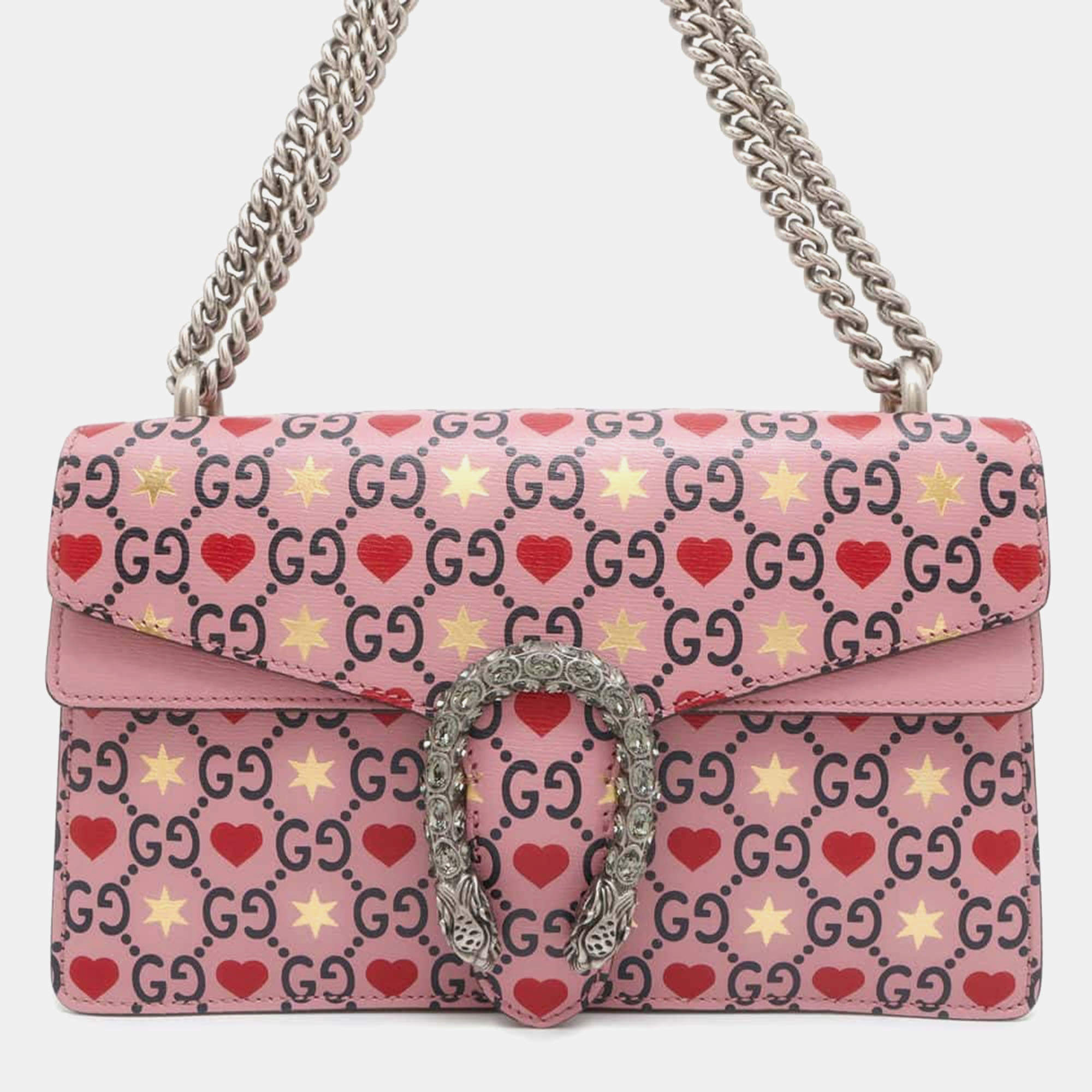 مملوكة مسبقًا Gucci Pink Leather Dionysus GG Supreme Heart Valentine Chain Shoulder Small Bag