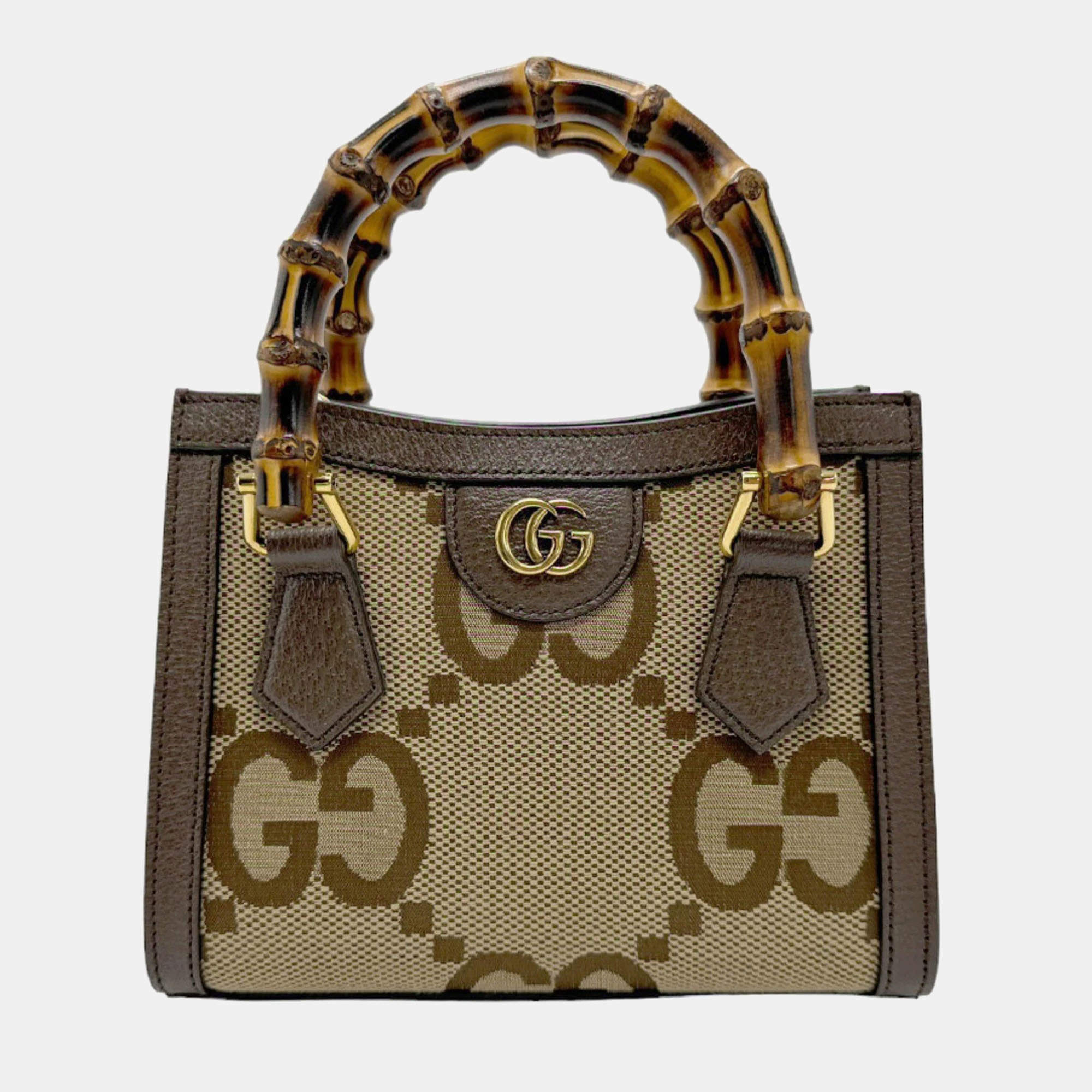 Gucci Brown Canvas Leather Jumbo GG Diana Tote Handbag