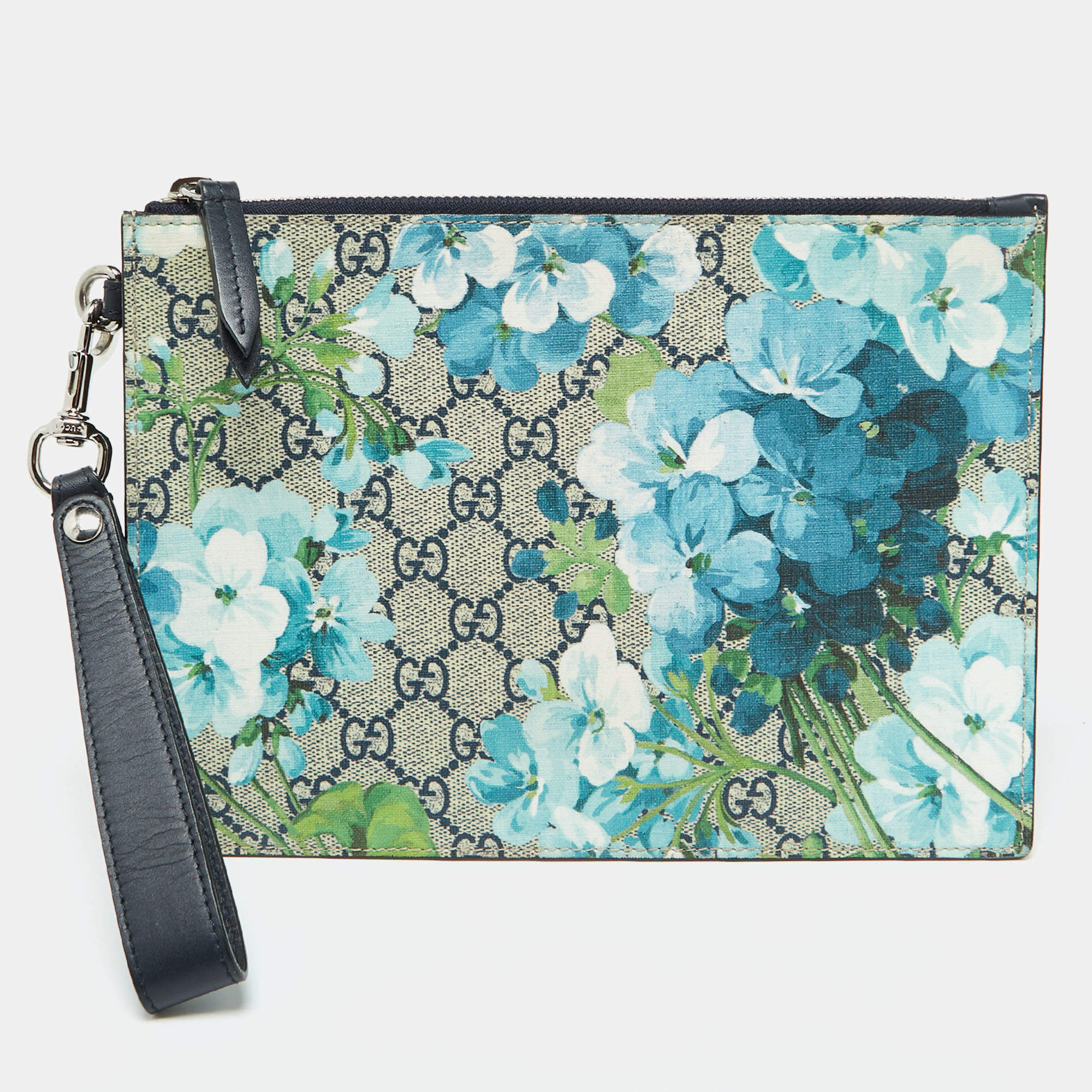 Gucci Blue/Beige GG Supreme Canvas Blooms Zip Pouch