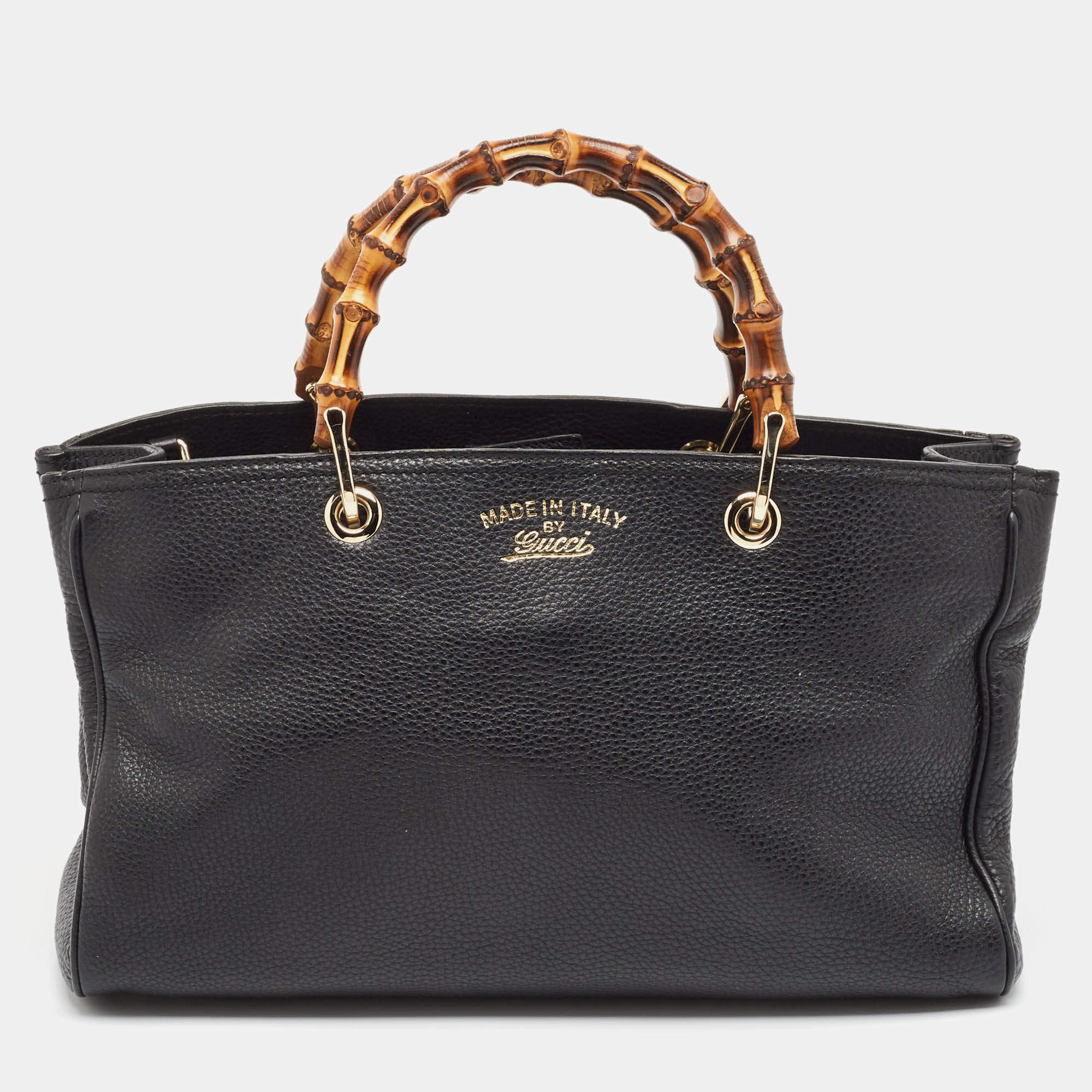 Pre Owned Gucci Black Leather Medium Bamboo Shopper Tote