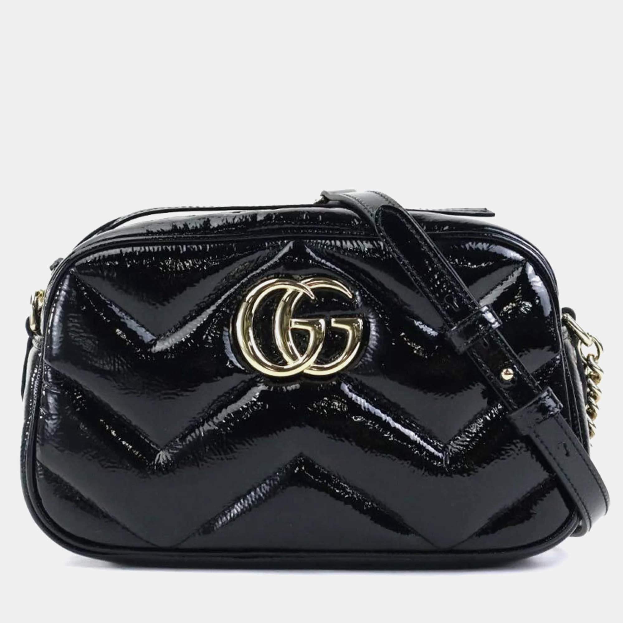 Gucci Black Patent Leather GG Marmont Shoulder Bag